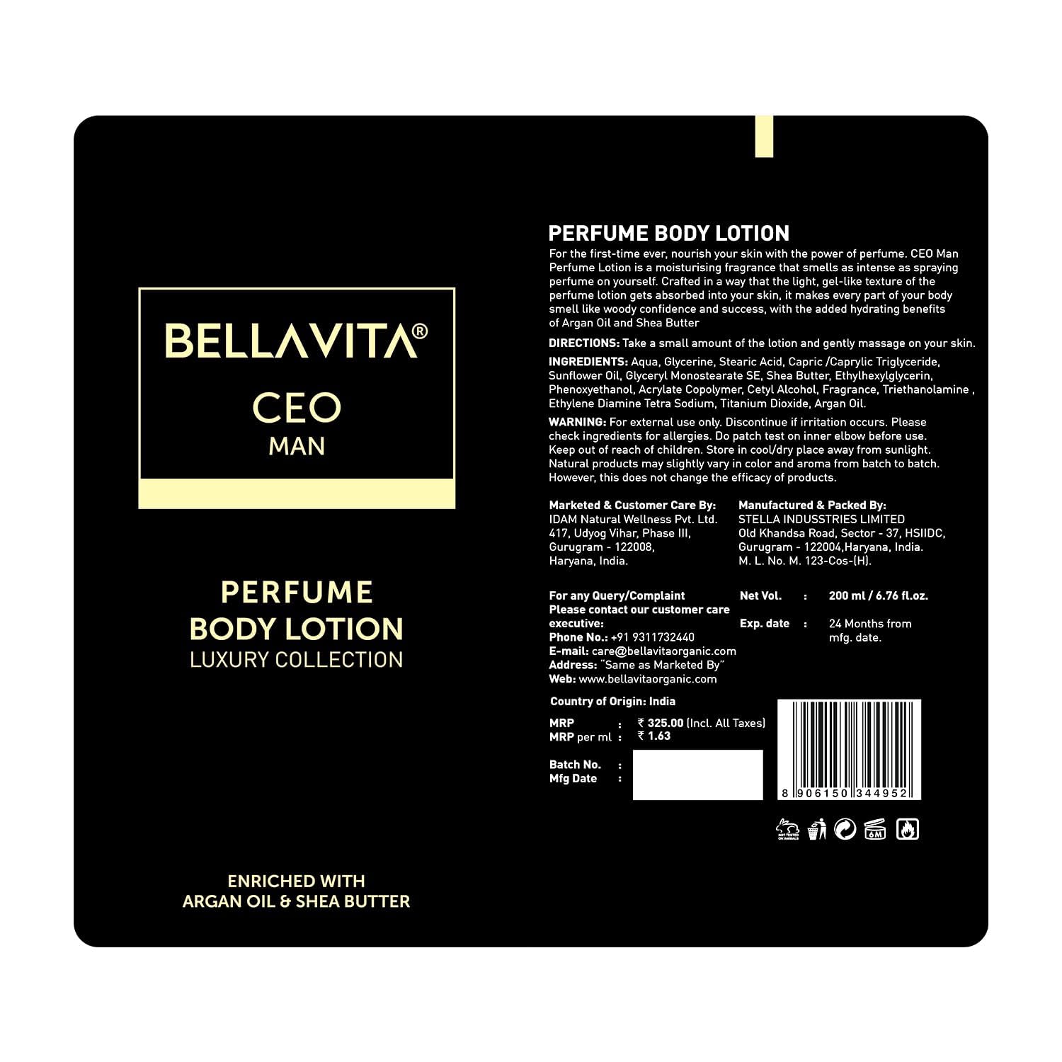 BVita Luxury Intense CEO Men's Body Perfume Lotion - Nourishing & Hydrating with Argan Oil & Shea Butter (200ml) | Softens & Protects Skin | Perfect for Daily Use, Gym & Office