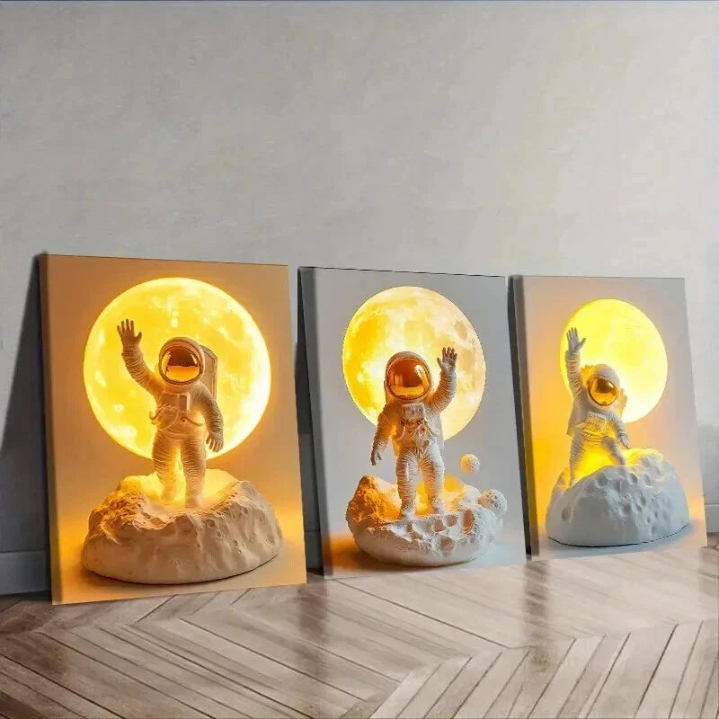 3Pcs Toy Astronauts on the Moon Wall Art Set - Framed Canvas 50x70cm, High Quality Print, 100% Australian Made, Ready to Hang - Perfect for Kids Room, Nursery, or Space Themed Decor