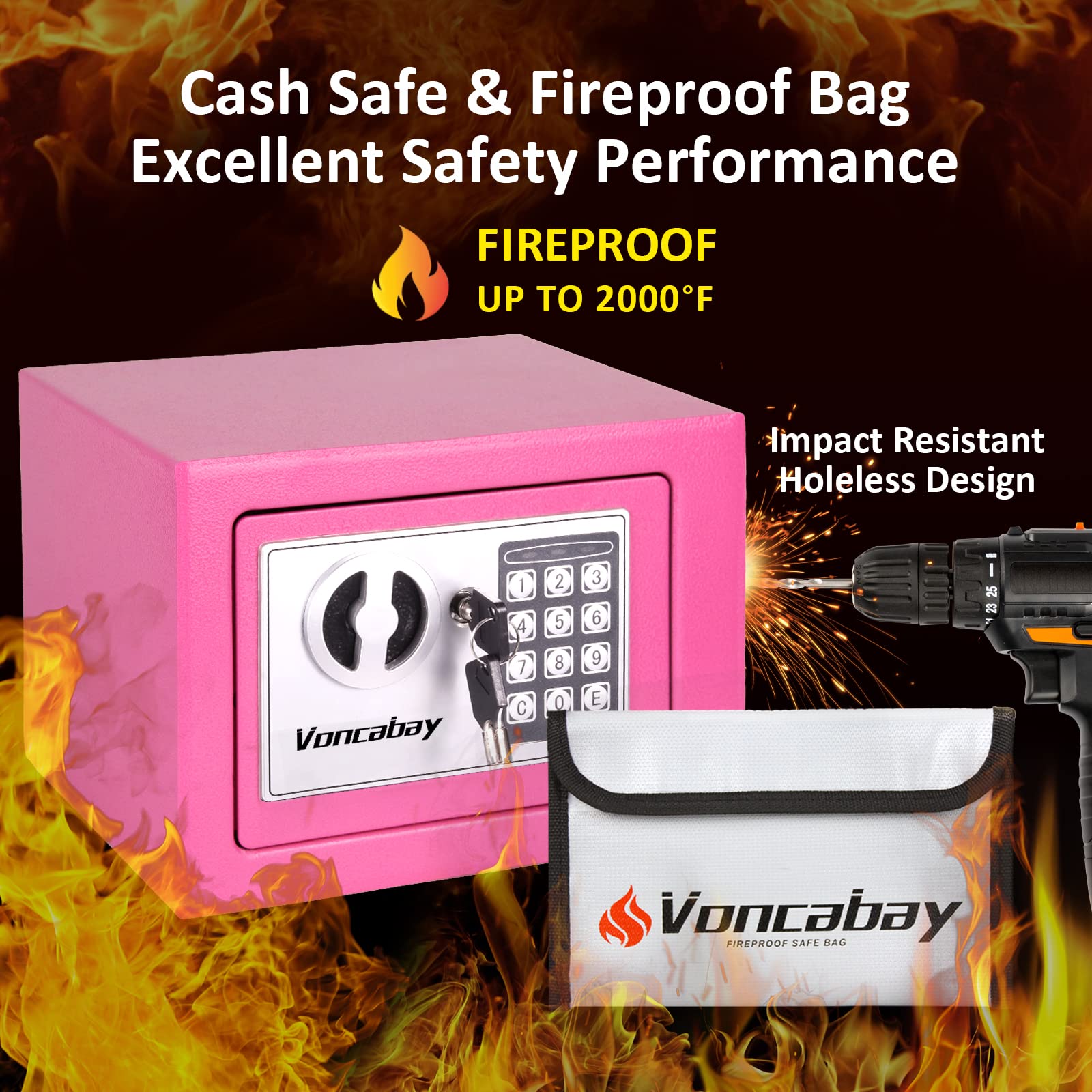 Voncabay Fireproof Money Safe Box with Digital Keypad & Sensor Light - Home Security Safe for Cash, Jewelry & Valuables - Portable Lock Box with Keys & Passcode - Ideal for Bedroom, Office & Travel (Pink)