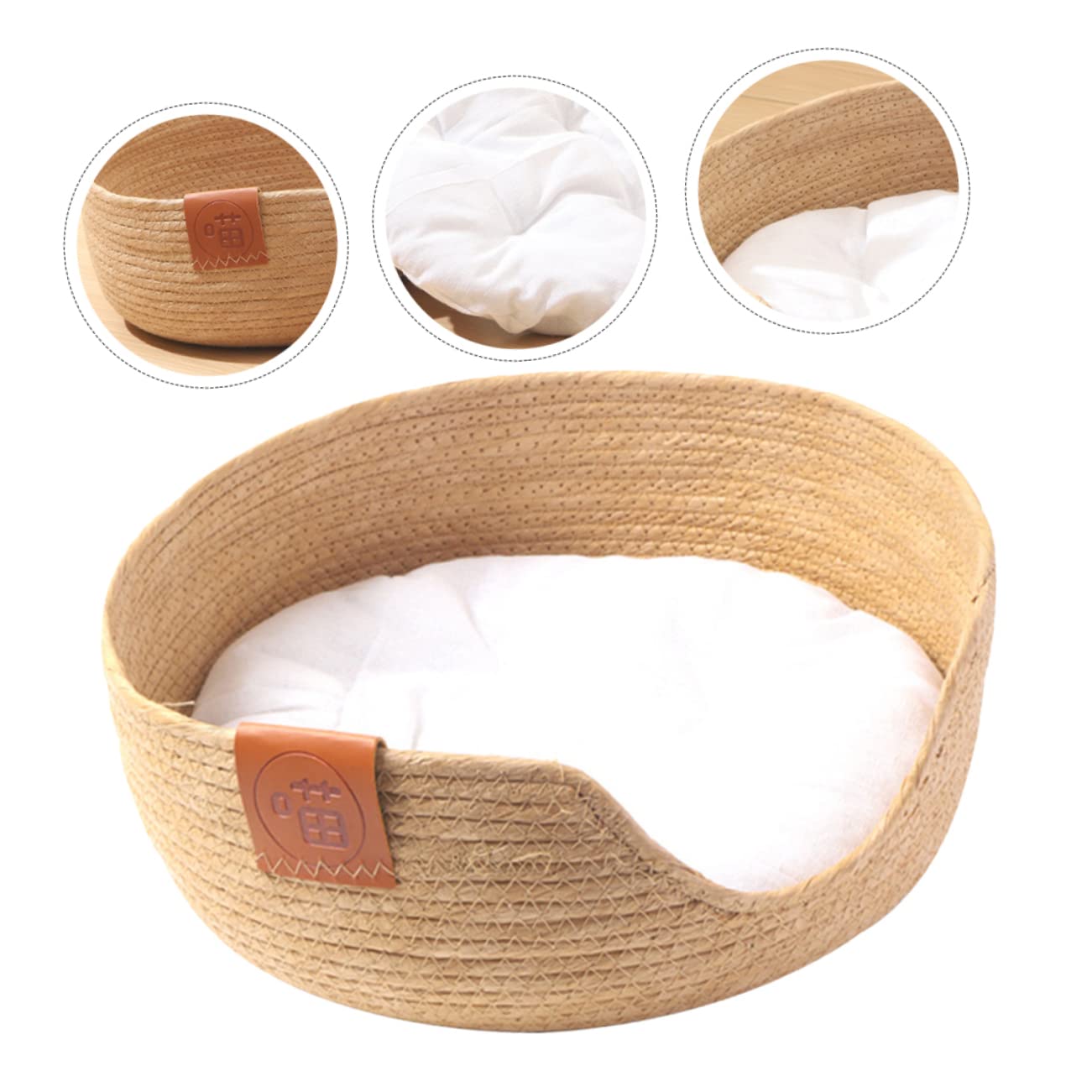 Eco-Friendly Straw Nest Cat Scratcher Bed - Washable Rattan Pet Bed with Cotton Mat for Cats & Small Dogs | Cozy Half-Enclosed Design for Indoor Lounging, Scratching & Napping