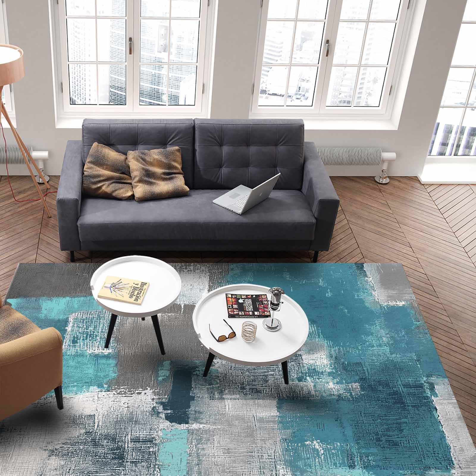 Modern Abstract Teal & Gray Shag Area Rug 2'8