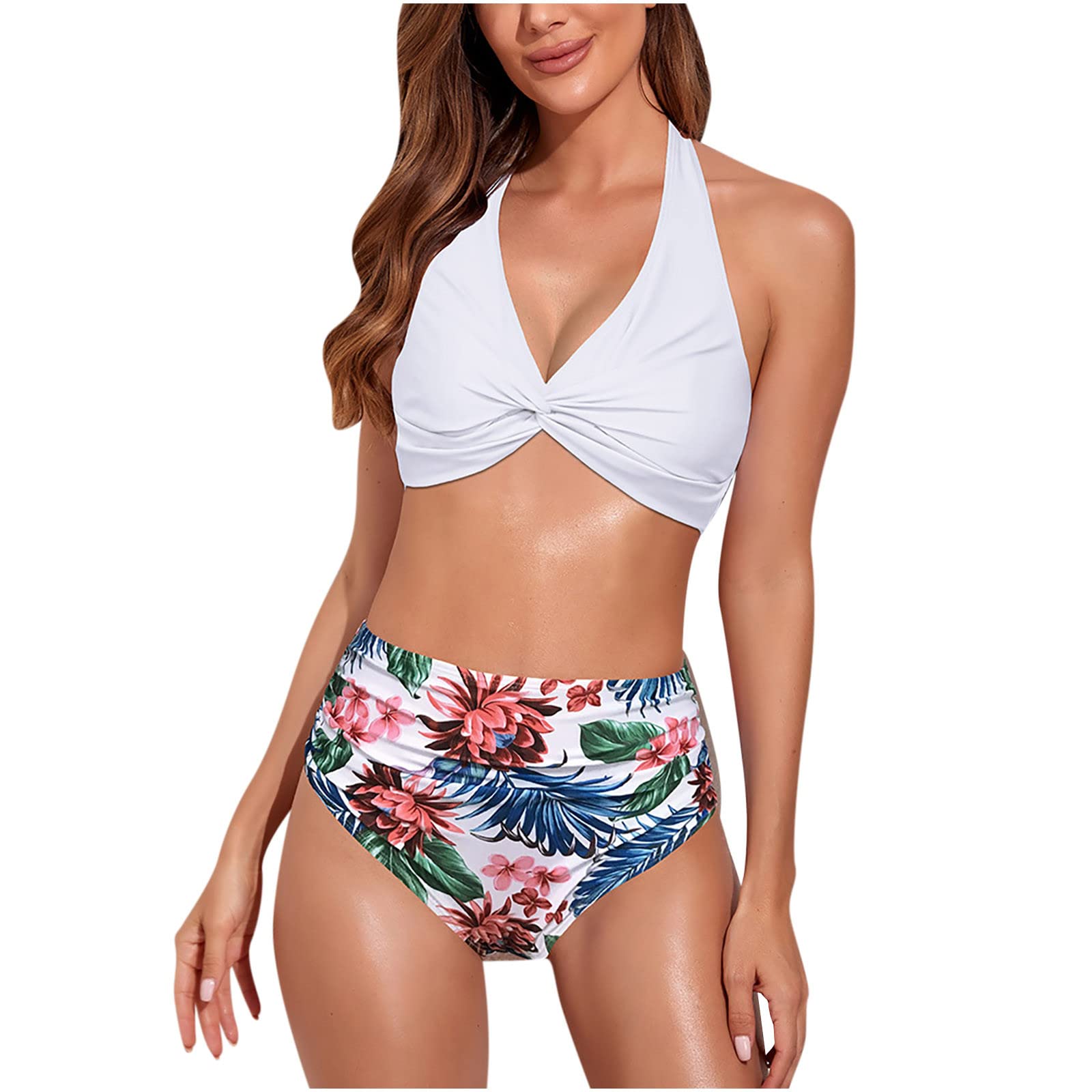 2 Piece Swimsuit for Women - Halter Tie Twist Front Ruched High Waisted Bikini Swimwear | Beach, Pool & Vacation Outfit