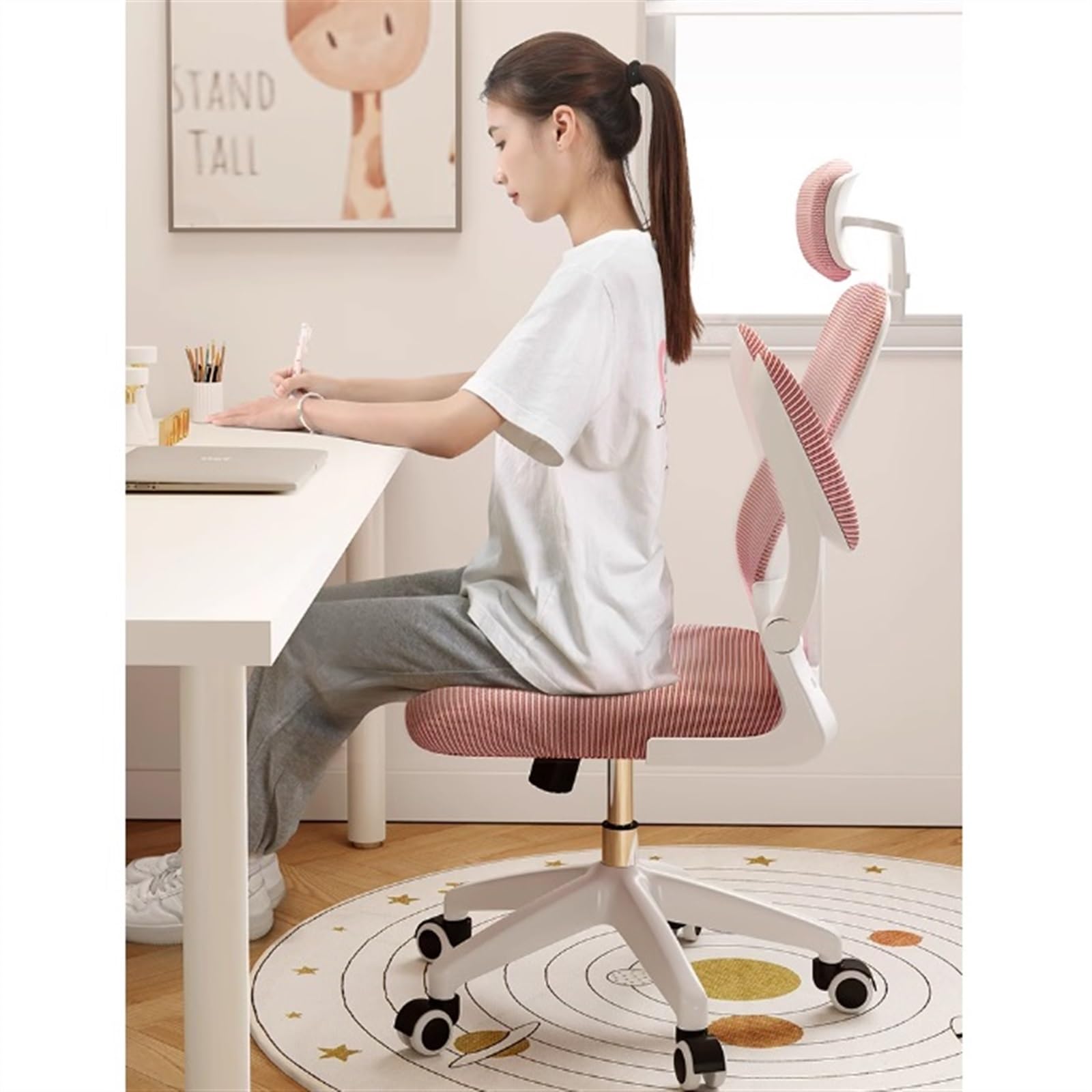 Ergonomic Office Chair with High Back, Headrest & Adjustable Armrests - Mesh Executive Desk Chair with Nylon Wheels (Pink) - Perfect for Home Office, Gaming & Workspace Comfort