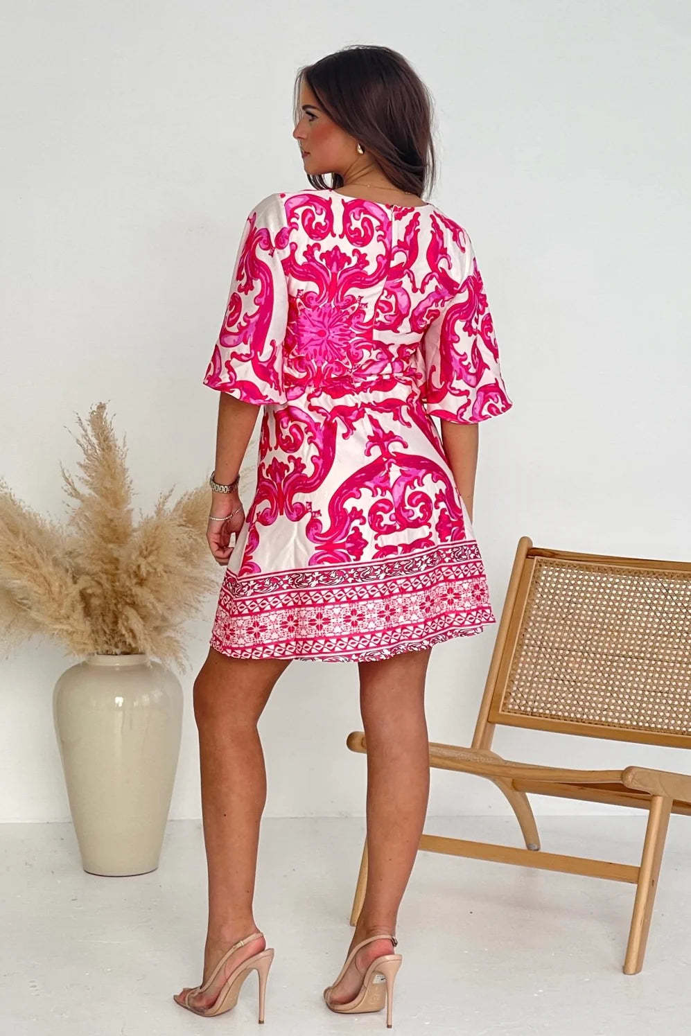 Britney Border Short Sleeve Mini Dress - Floral Print Summer Dress for Women (Pink) | Perfect for Beach Vacation, Date Night & Casual Outings