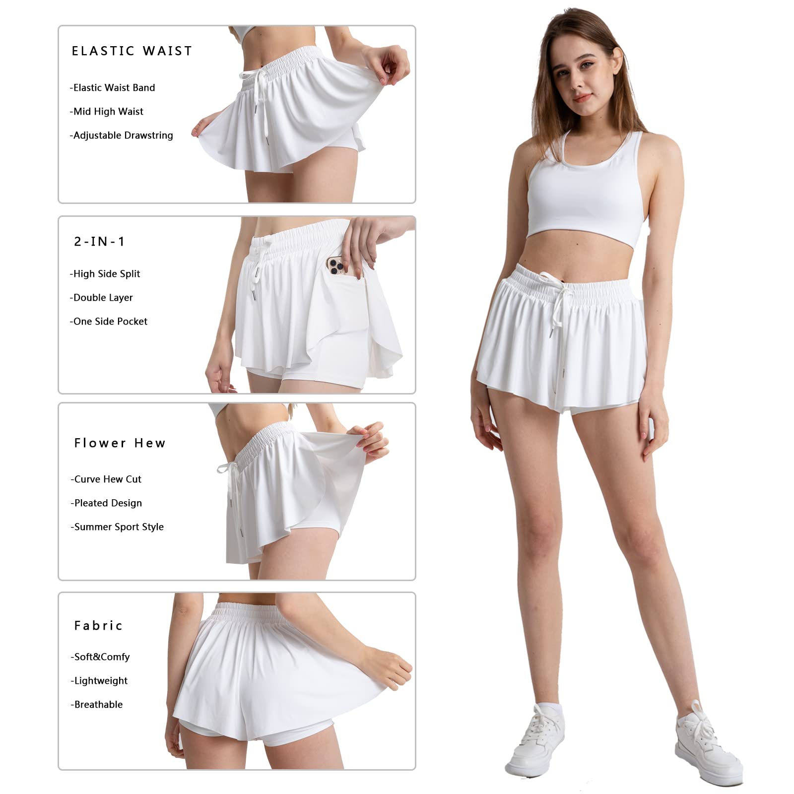 Blostirno 2023 Women's 2-in-1 Athletic Shorts - Flowy Running Yoga Gym Workout Shorts with Drawstring & Pockets | Summer Sports & Casual Wear