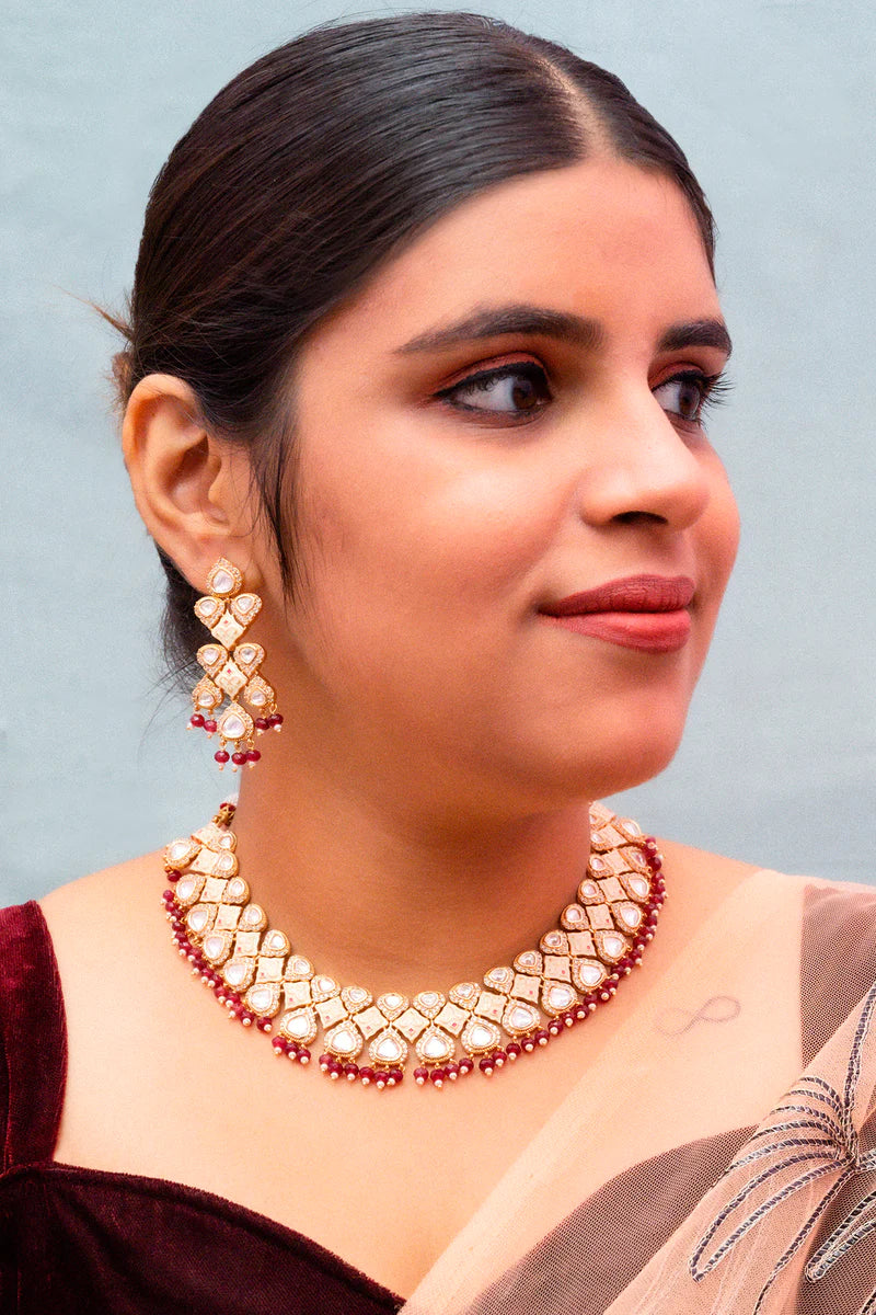 Luxury Gold Plated Royal Kundan Necklace and Earrings Set for Women - Indian Bridal Jewelry, Wedding Party Accessories, Ethnic Fashion Statement
