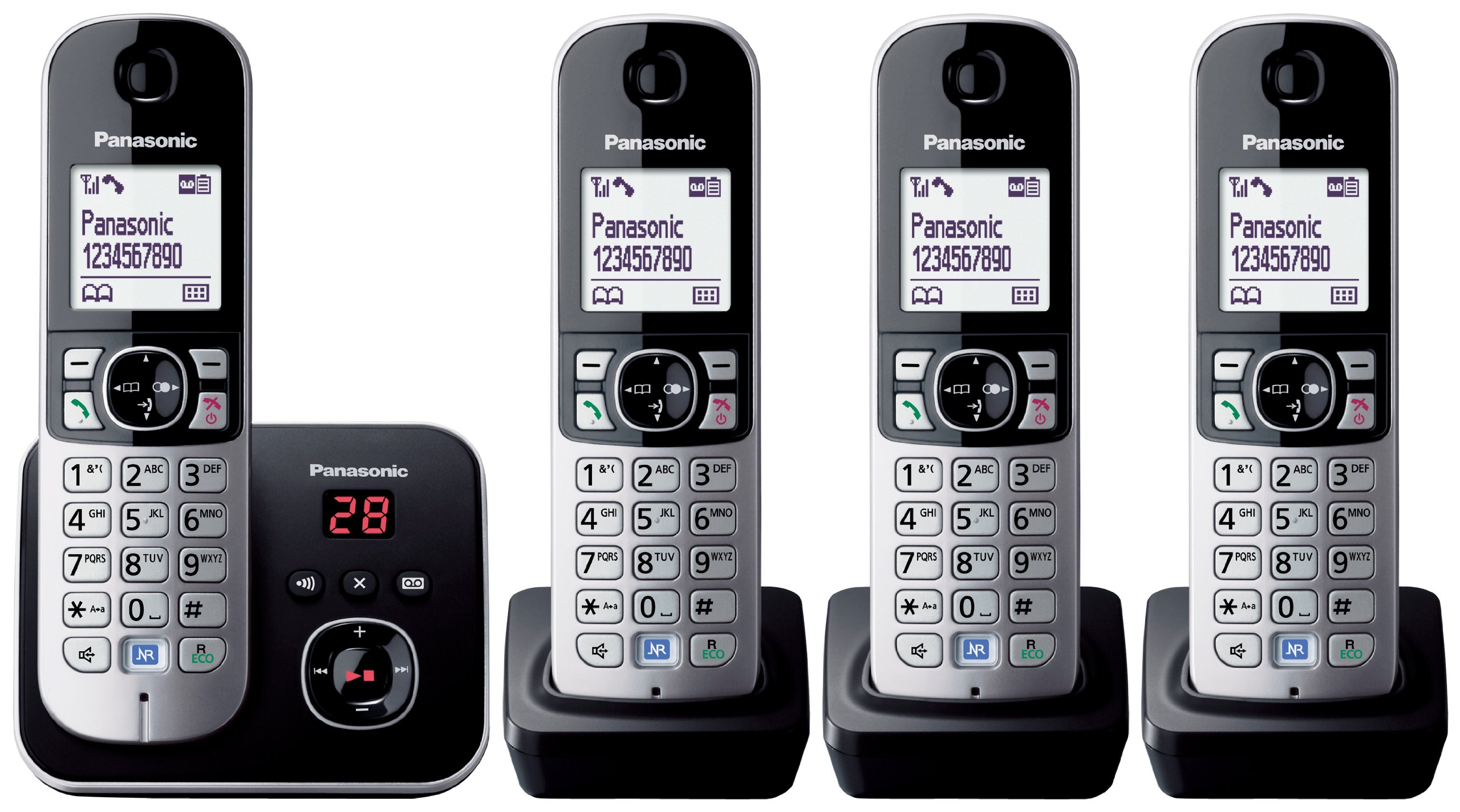 Panasonic KX-TG6824EB Quad Cordless DECT 6.0 Phone System with Answering Machine - Black/Silver - Ideal for Home & Small Business Office Use