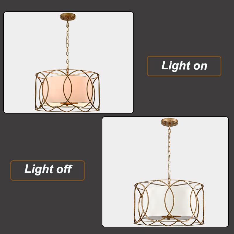 HYDELITE Brass Drum Pendant Light - 3-Light Modern Chandelier for Dining Table with White Linen Shade - Perfect for Kitchen Island, Breakfast Nook & Farmhouse Decor