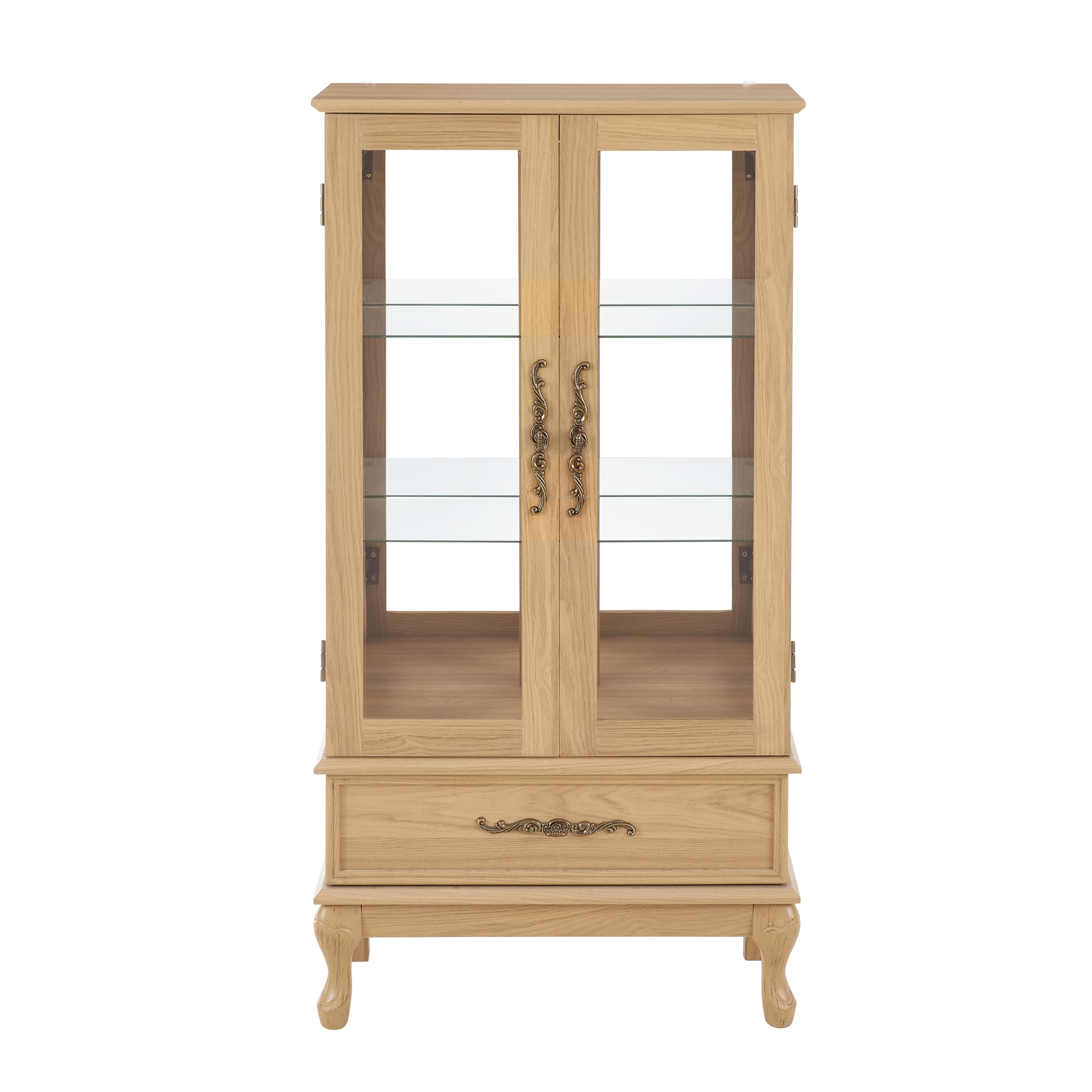 Light Oak Curio Display Cabinet with Adjustable Glass Shelves - 2 Door Glass Wine Cabinet with LED Lighting & Drawer - Perfect for Dining Room, Living Room or Bar Storage