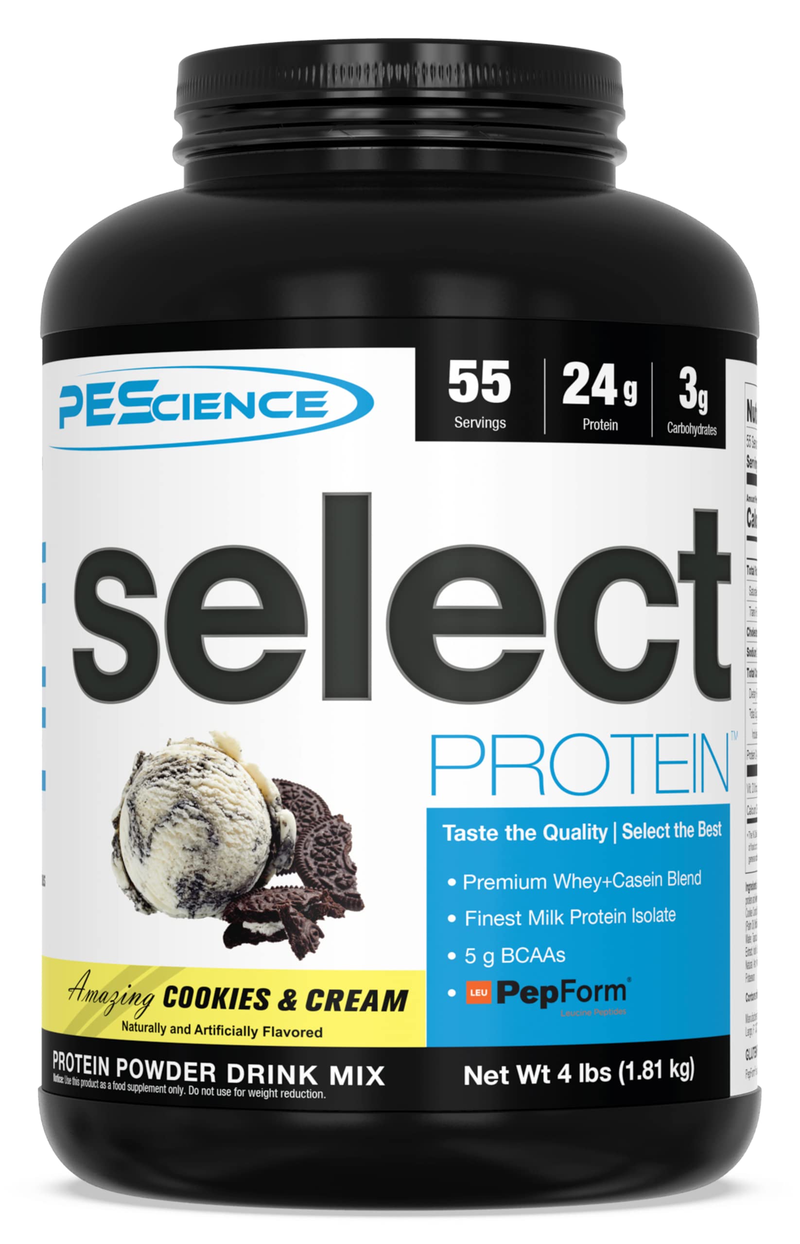 PEScience Select Low Carb Protein Powder - Cookies & Cream Flavor, 55 Servings, Keto Friendly, Gluten Free | Ideal for Post-Workout Recovery, Weight Management & Healthy Snacking