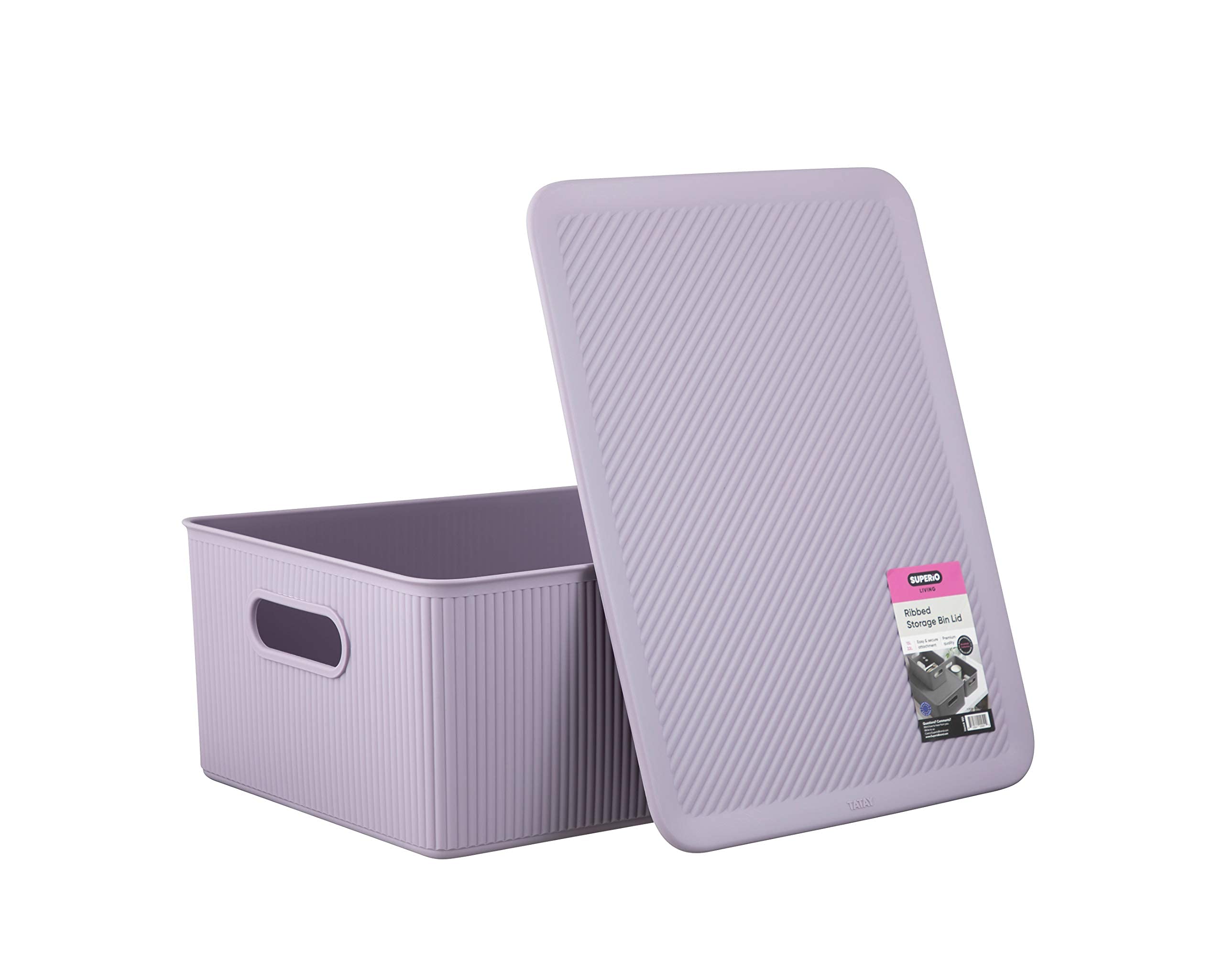 Superio Ribbed Collection - Decorative Plastic Lidded Storage Bins Organizer Baskets, Large Lilac Purple (1 Pack - 15L) Stackable Container Box for Closet, Shelf, Drawer Organization | Perfect for Bedroom, Bathroom, Kids Room & Office Storage Solutions