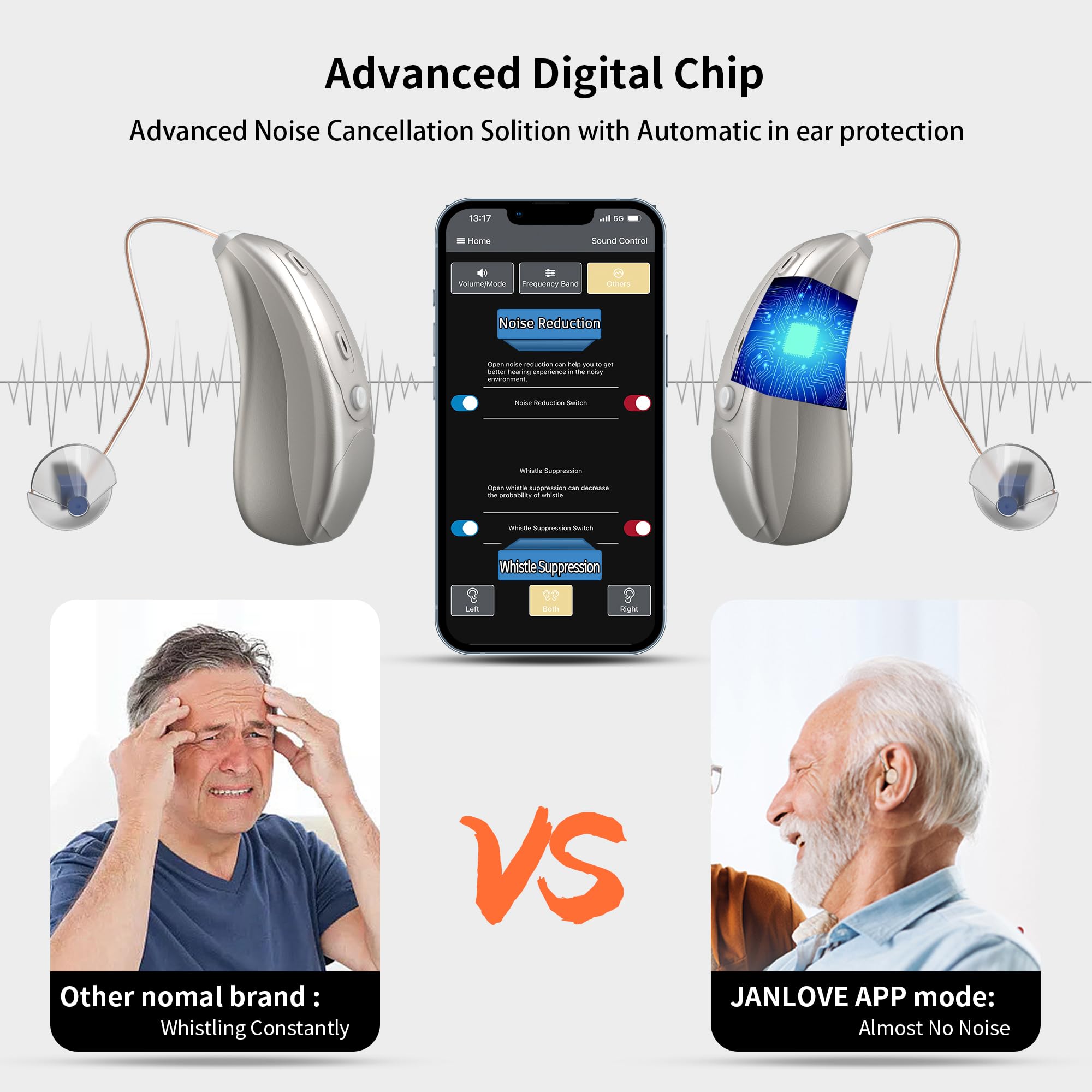 Rechargeable Bluetooth Hearing Aids for Seniors with Noise Cancellation & Smart App Control | Adjustable Frequency | Hands-Free Calling | Portable Design for TV Watching, Outdoor Activities & Clear Conversations