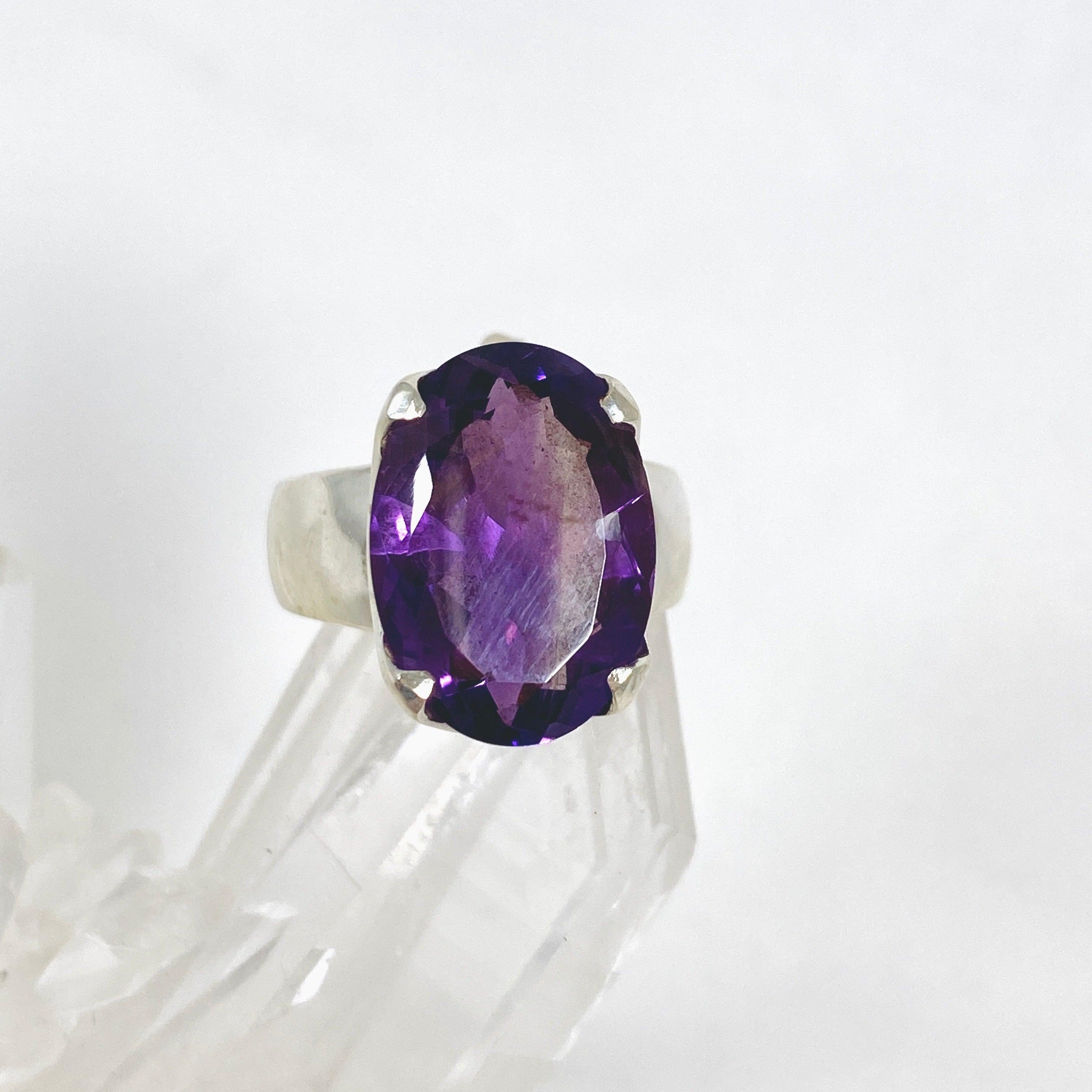 Amethyst Faceted Oval Ring - Size 7, Sterling Silver Jewelry KRGJ2965 | Elegant Gift for Women, Birthday, Anniversary, Wedding, Party & Everyday Wear