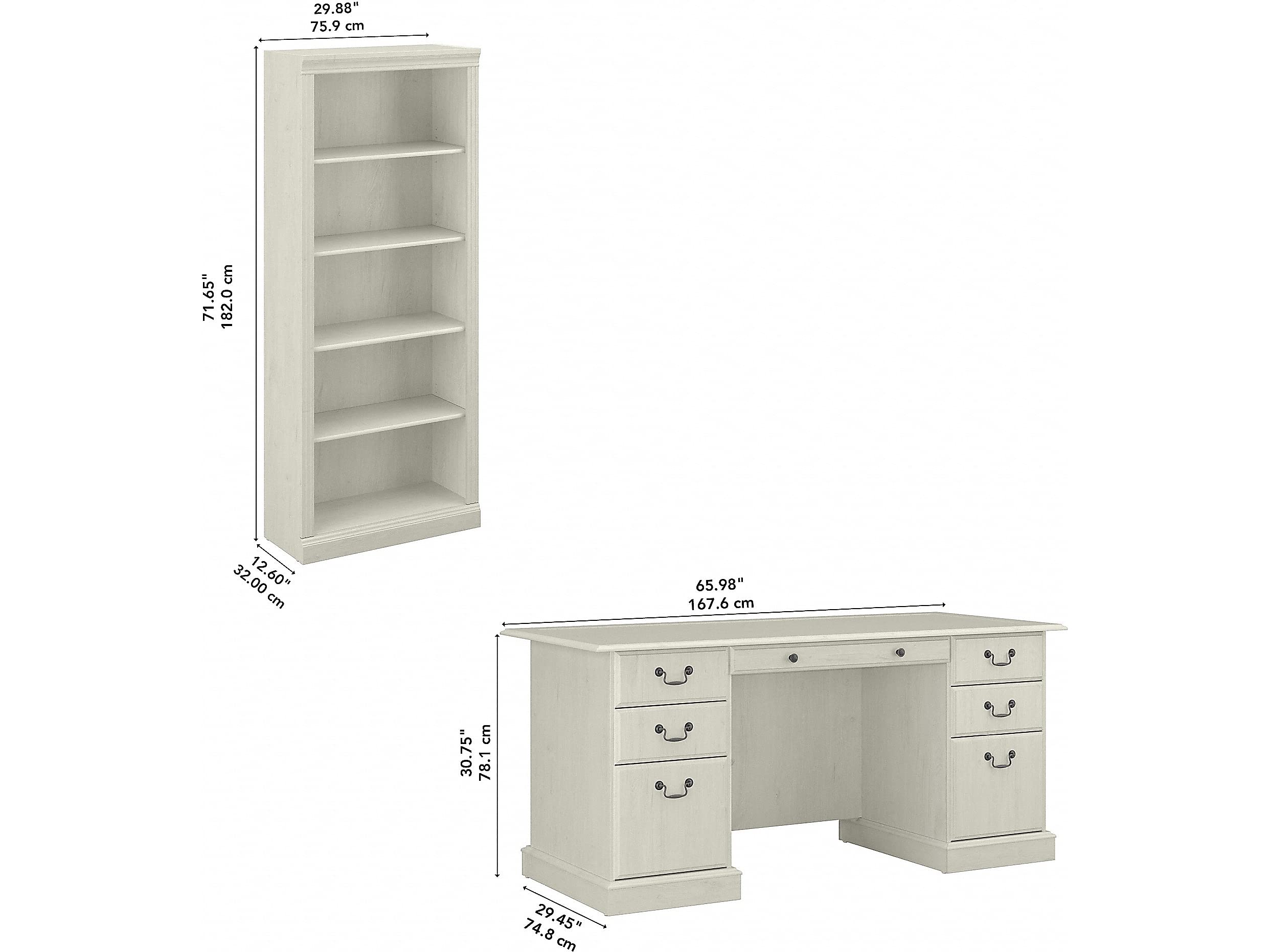 Bush Furniture Saratoga Executive Desk and Bookcase Set - Linen White Oak Finish - Home Office Furniture for Professionals & Remote Workers