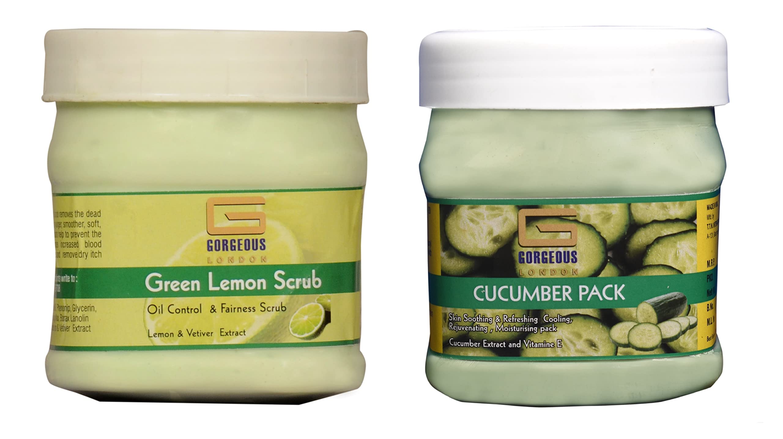 London Green Lemon Scrub & Cucumber Face Pack Combo - 2 Pack (450ml Each) for Exfoliating & Brightening Skin - Perfect for Spa Day & Skincare Routine
