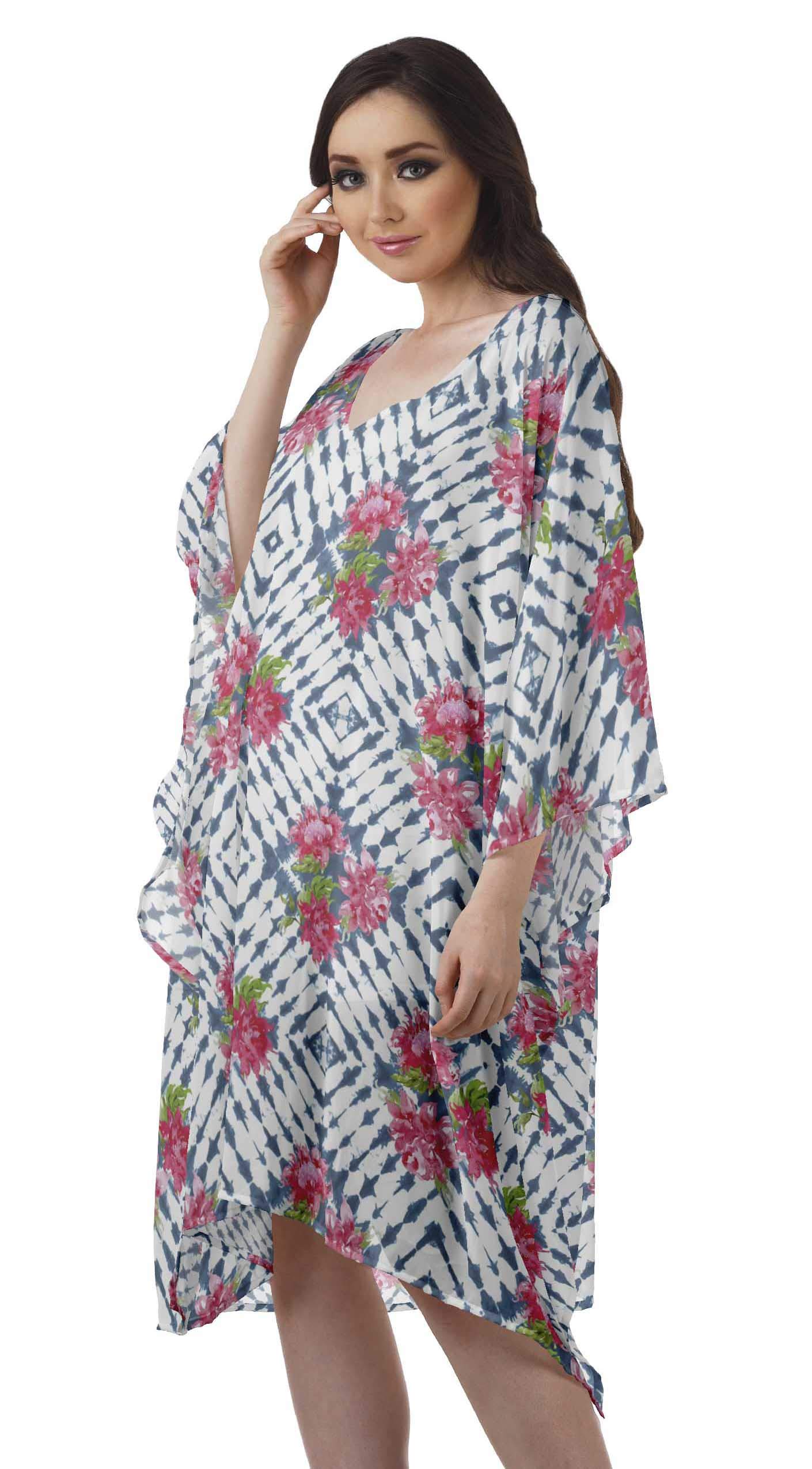 Moomaya Women's Georgette Short Beach Kaftan - Flowy Bikini Cover Up Dress with Side Slits - Perfect for Poolside, Vacation & Summer Outfits