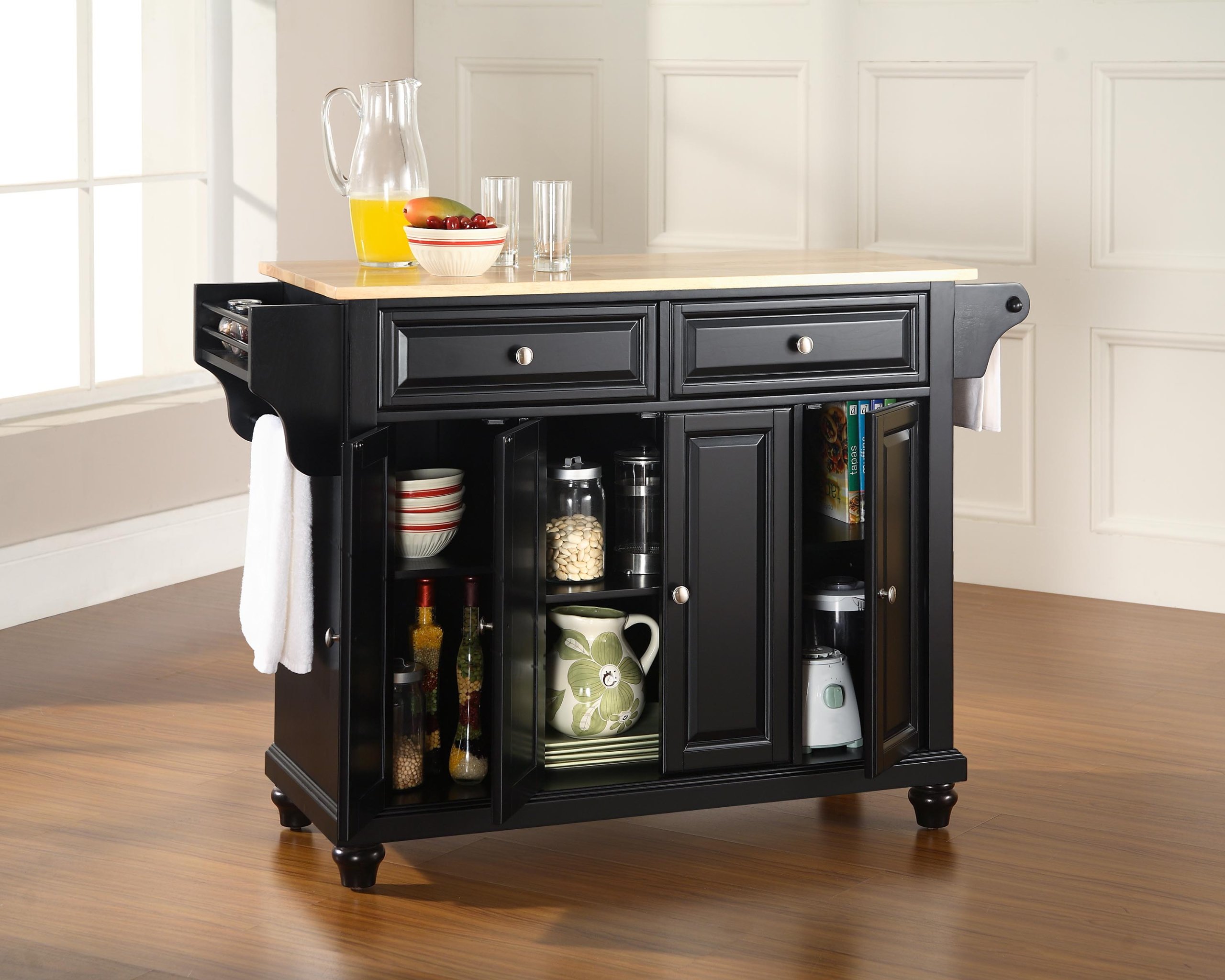 Crosley Cambridge Wood Top Rolling Kitchen Island Cart - Black Microwave Stand with Spice Rack & Storage | Perfect for Small Kitchens, Pantry Organization & Mobile Food Prep Station
