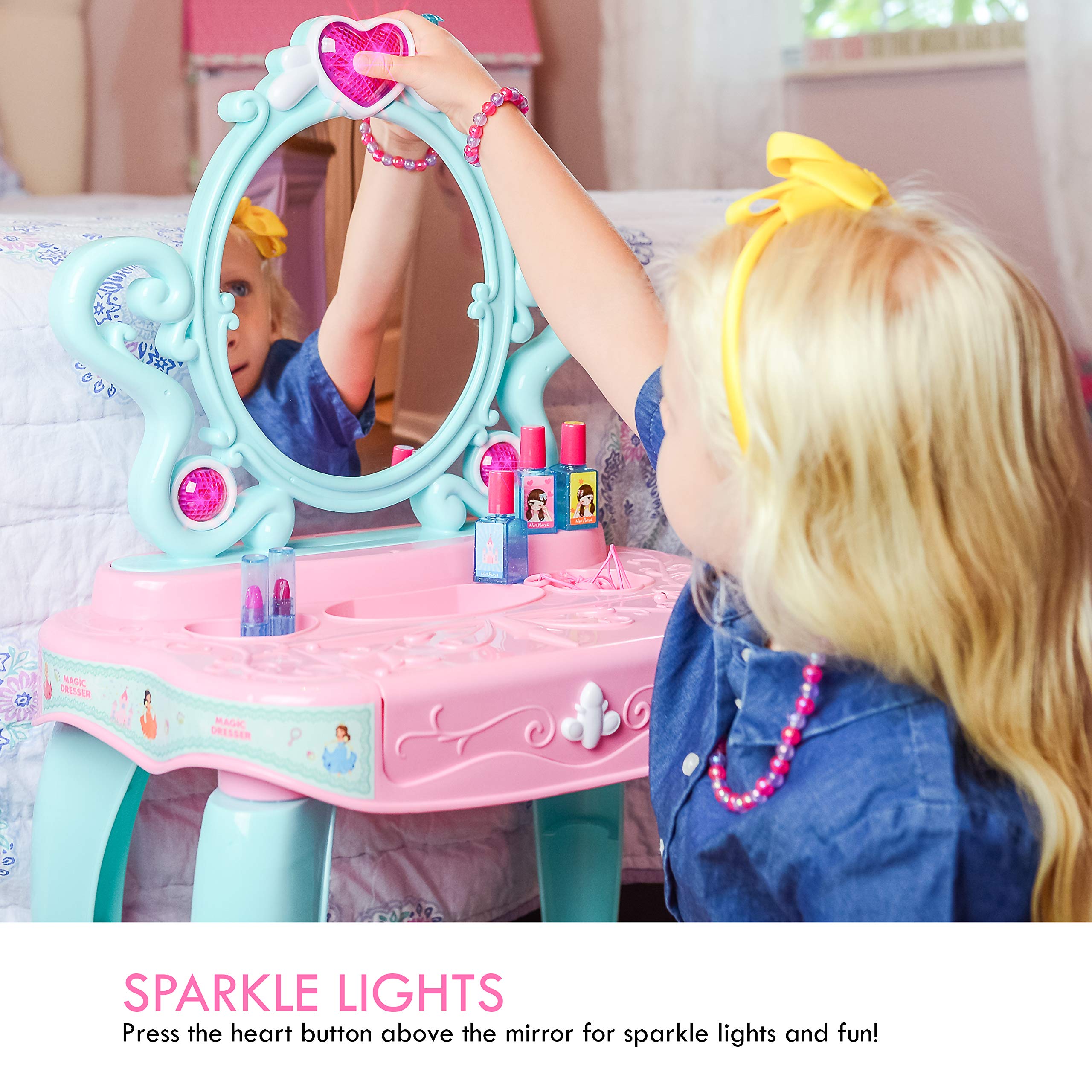 Girls Makeup Vanity Set with Mirror & Piano - Toddler Beauty Playset for Pretend Play