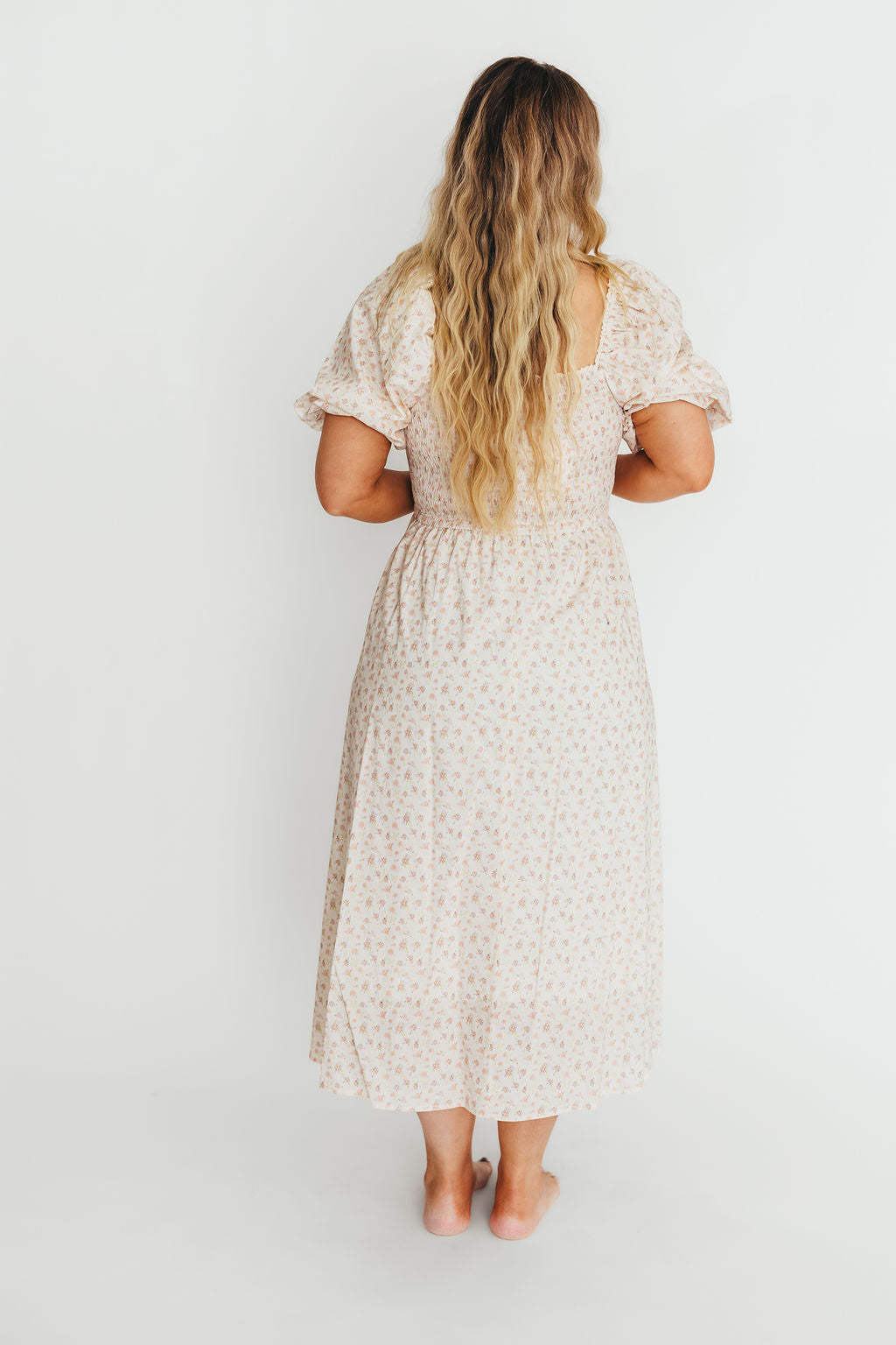 Maeve Women's 100% Cotton Puff Sleeve Midi Dress - Dainty Pink Floral Print | Casual Summer Dress for Beach, Garden Parties & Date Nights