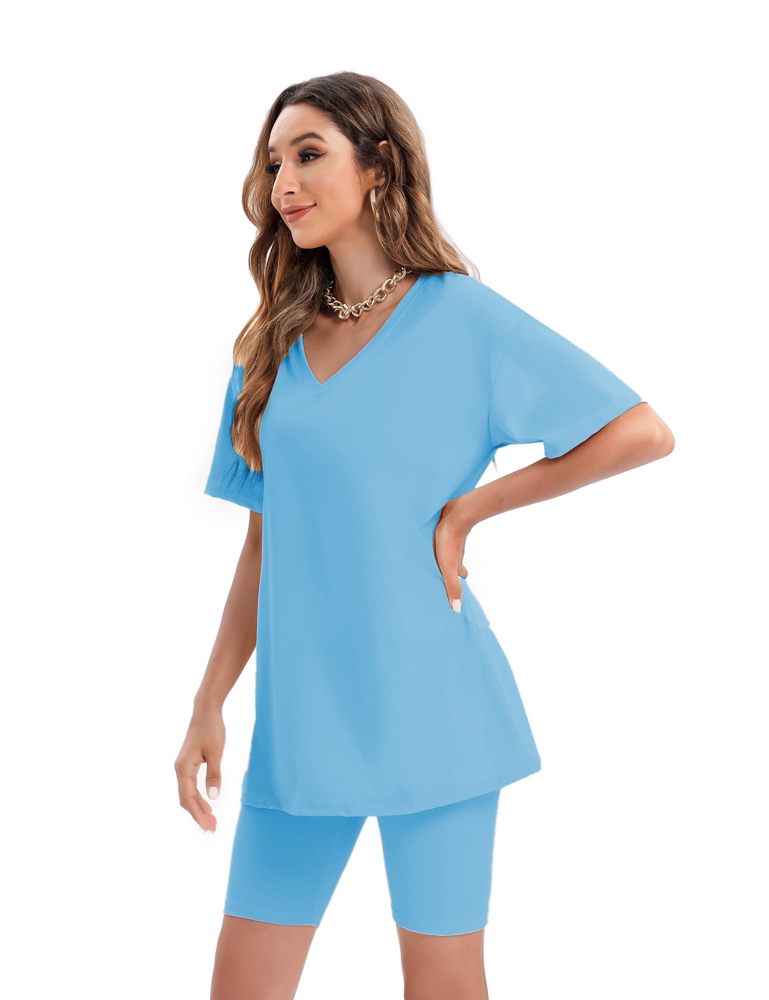 Youdiao Women's 2-Piece Outfits - Summer Casual V-Neck Oversized T-Shirt & Biker Shorts Set | Lounge Wear, Gym, Street Fashion