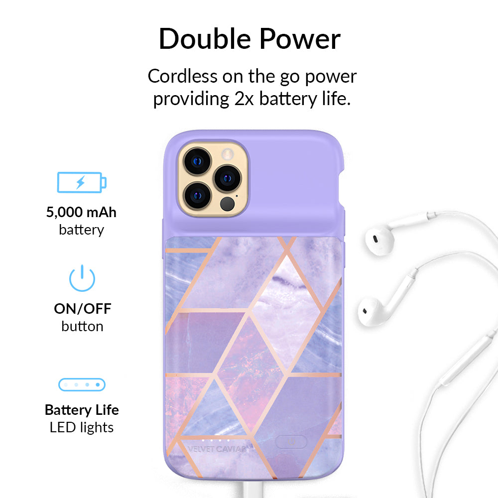 Geometric Pattern Purple iPhone Charging Case - Durable Protective Cover with Built-in Battery for iPhone 12/13/14/15 - Perfect for Travel, Work & Everyday Use