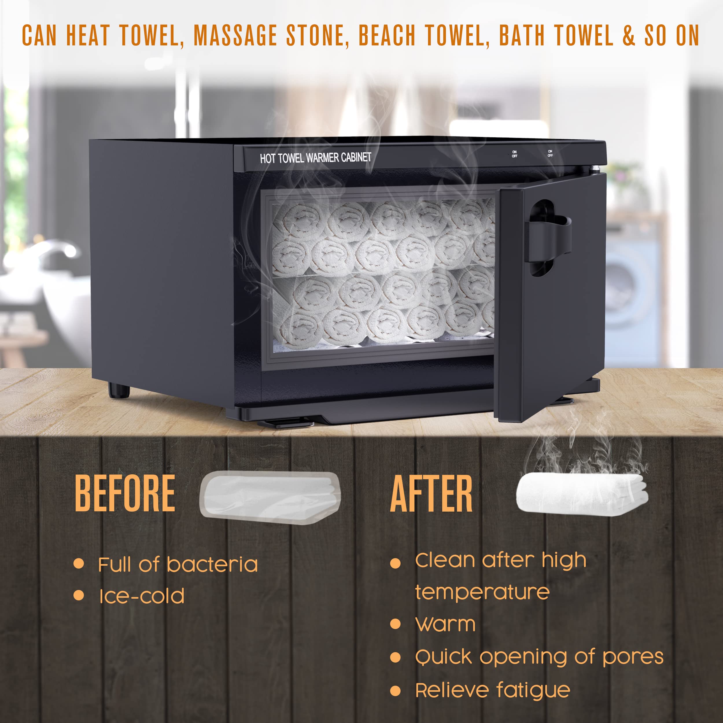 Houseables Towel Warmer Cabinet - 18L Black Hot Towel Steamer with UV Sterilization for Spa, Salon & Massage - Includes 2 Tongs & 5 Towels (11