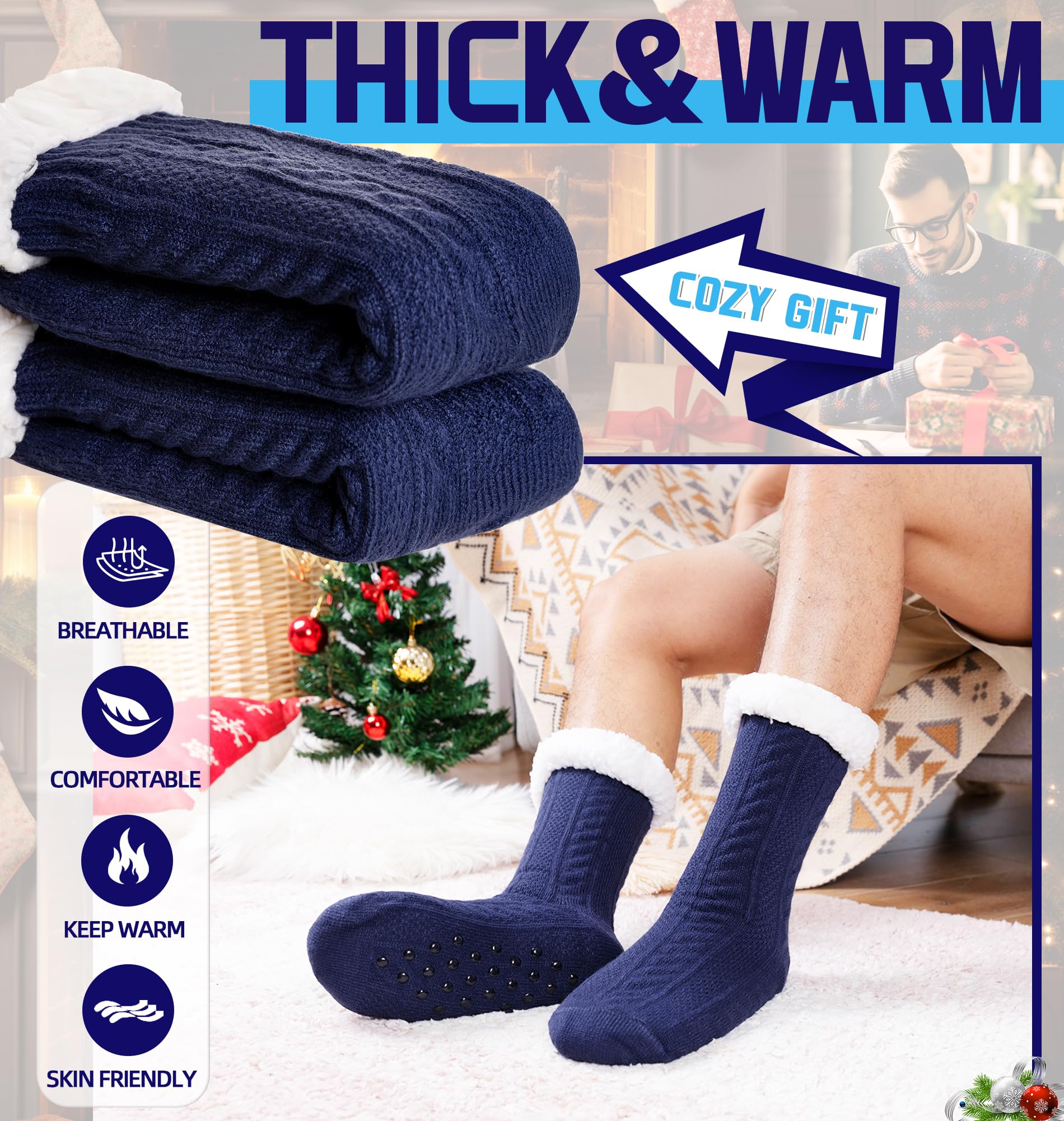 DoSmart Men's Fuzzy Slipper Socks - Fleece Lined Cozy Winter Warm Non-Slip Socks for Indoor & Outdoor - Soft Fluffy Christmas Gift Socks for Home, Office and Travel Comfort