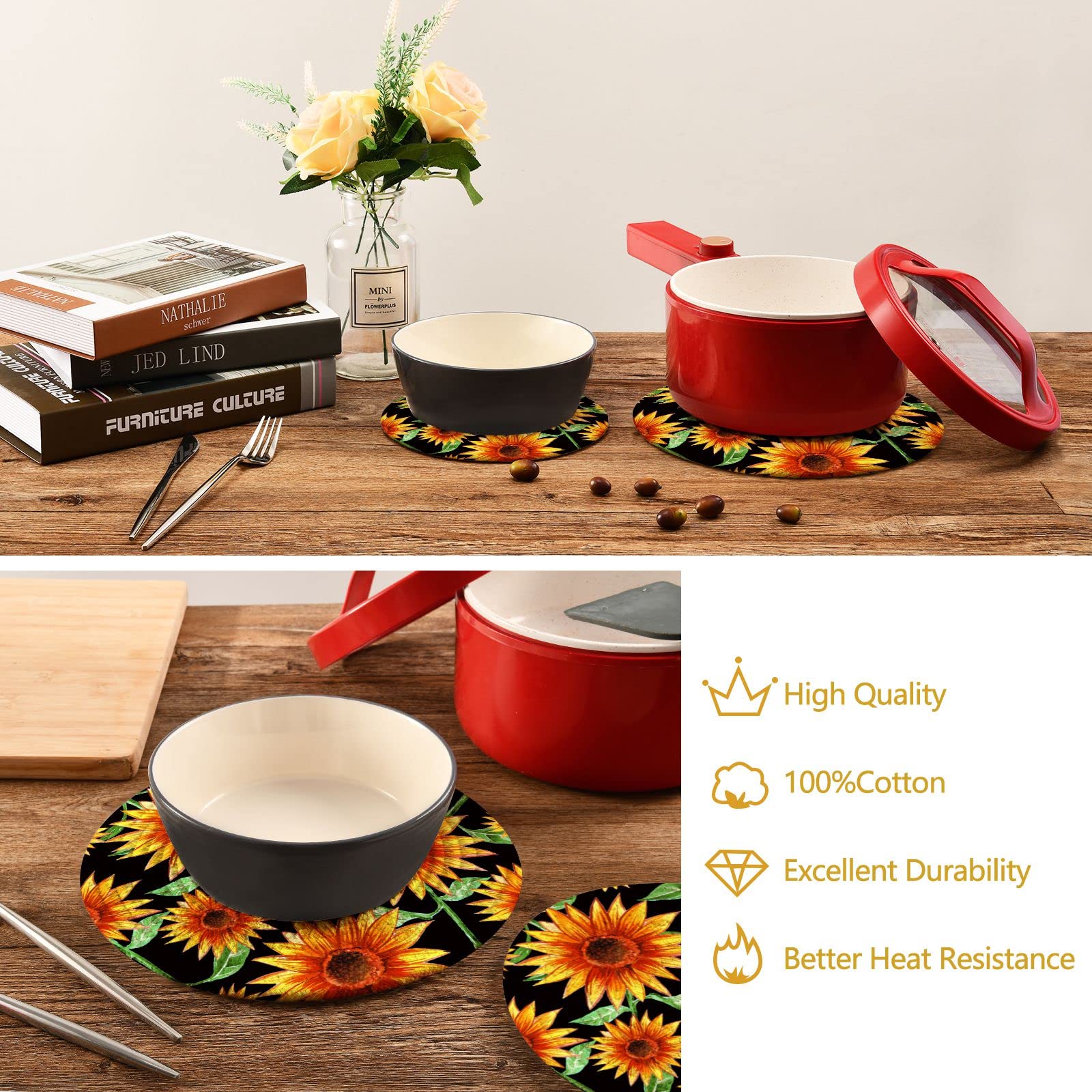 Floral Sunflower Trivets Set of 2 - Heat Resistant Hot Pads for Kitchen Pots & Pans - Perfect for Dining & Countertop Decor