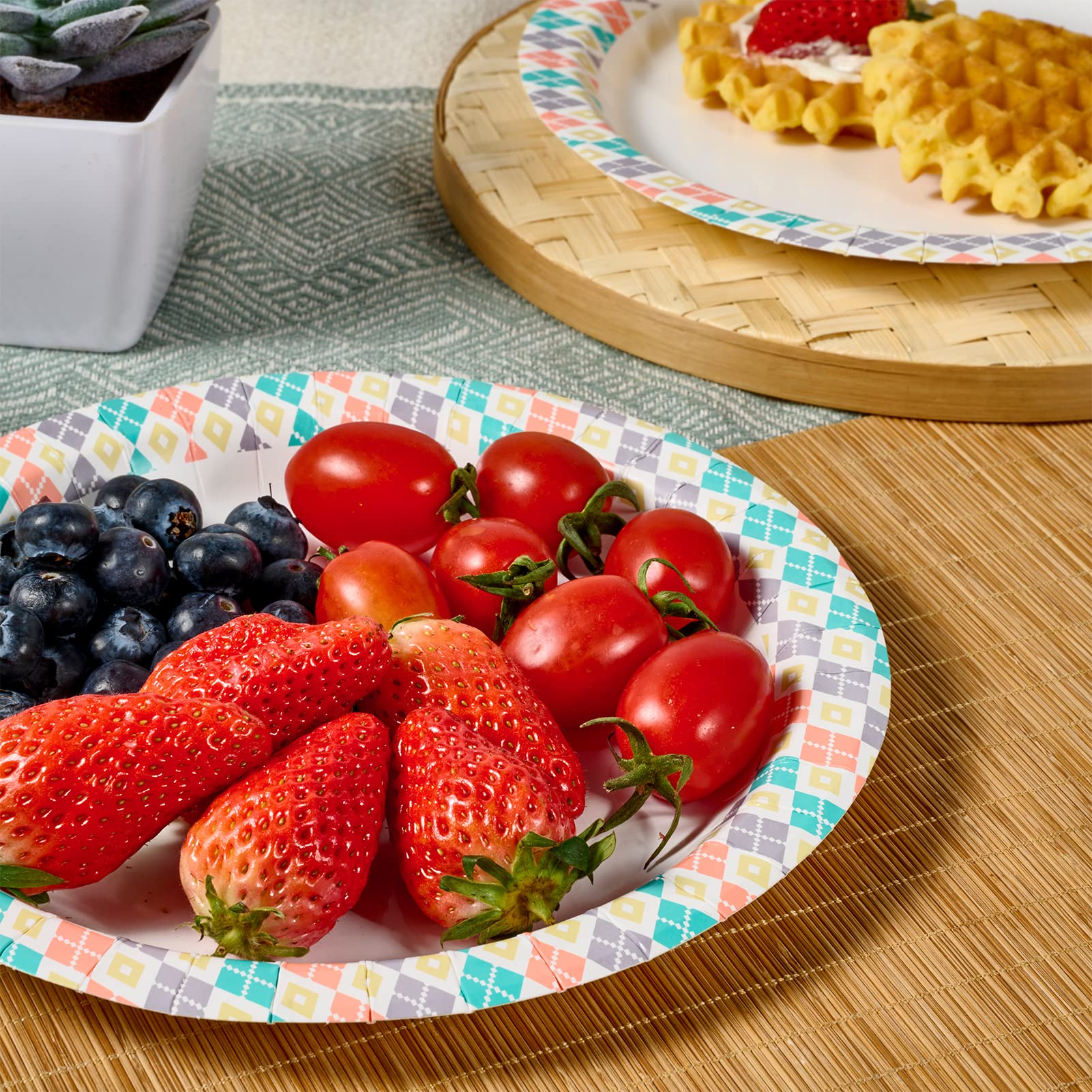 FOCUSLINE 360 Count 8.375 Inch Disposable Paper Plates - Soak Proof, Checkered Pattern Modern Dinner Plates for Meals, Snacks & Parties - Perfect for BBQs, Picnics, Birthday Parties & Family Gatherings