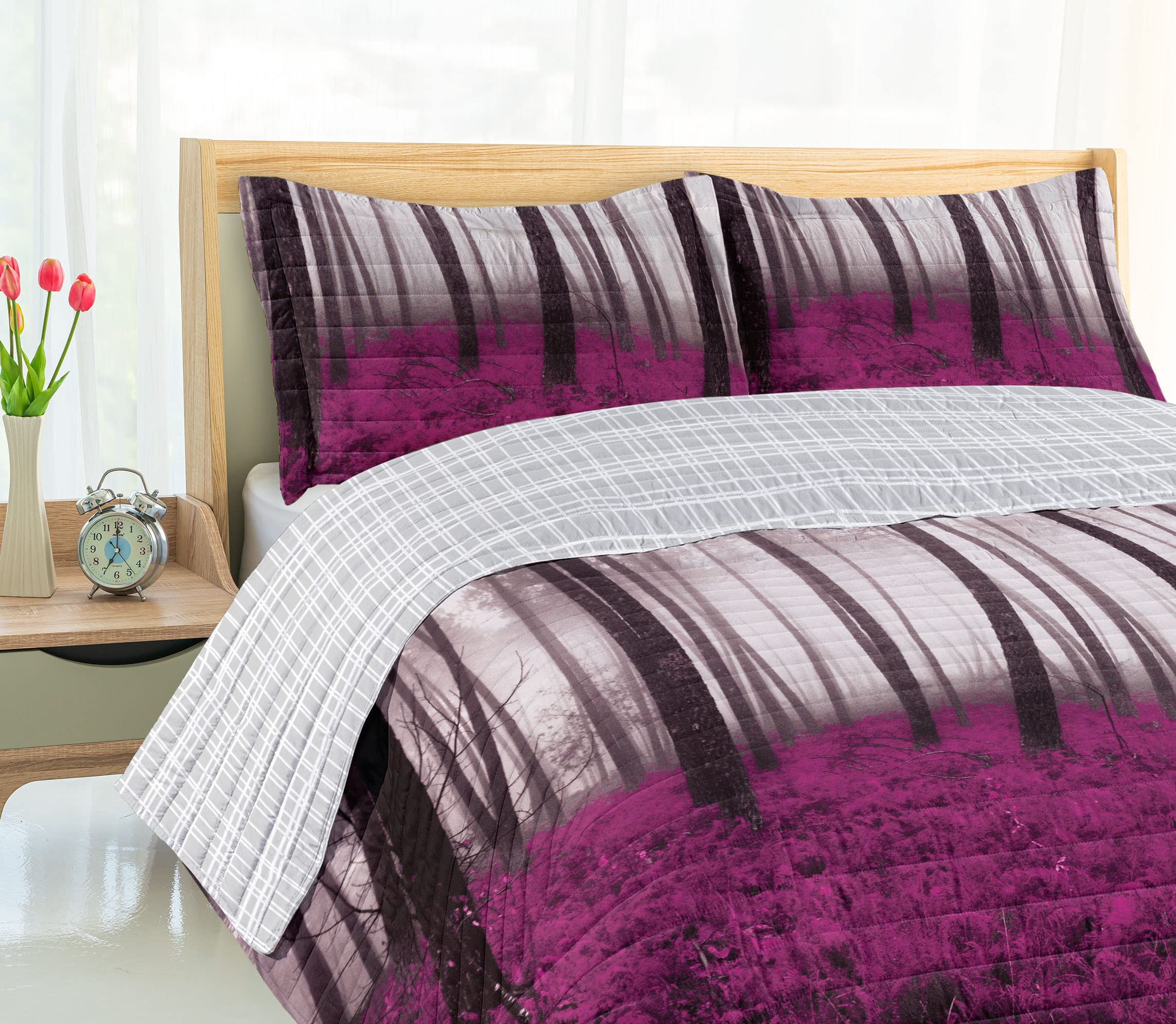 Ambesonne Reversible King Size Bedspread Set - Fantasy Woodland Forest with Fog, Trees & Bushes in Purple Grey Fuchsia | Microfiber Comforter & Pillow Shams | Perfect for Cozy Bedrooms, Guest Rooms & Cabin Retreats