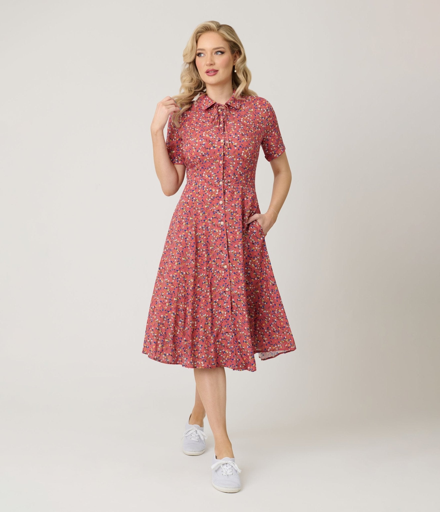 Royal Monk Coral Spring Floral Midi Dress - Women's Boho Summer Dress with V-Neck & Flowy Skirt | Perfect for Beach Vacations, Garden Parties & Date Nights