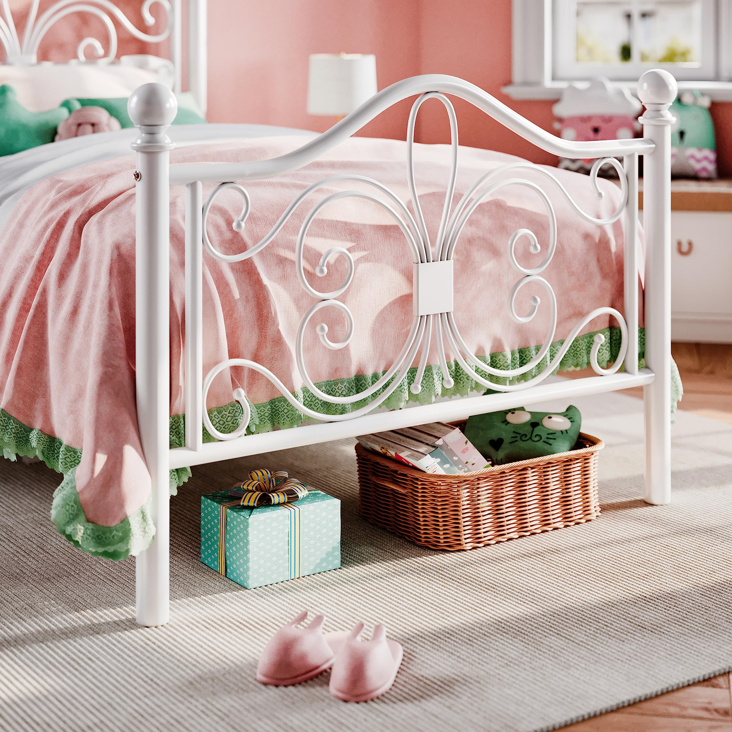 SHA CERLIN Twin Size Metal Bed Frame for Kids - Butterfly Pattern Headboard & Footboard, No Box Spring Required, Easy Assembly, White - Perfect for Children's Bedrooms, Guest Rooms & Small Spaces