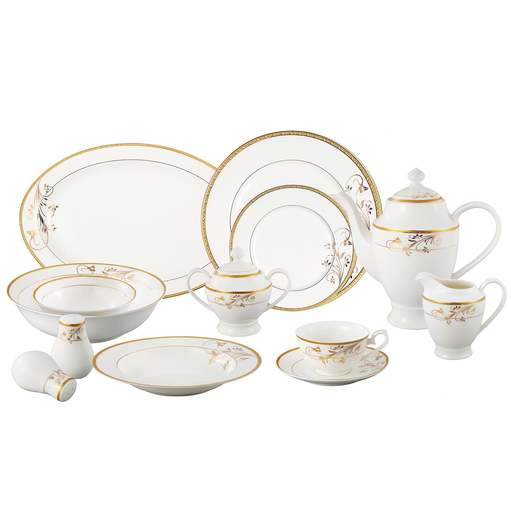 Lorren Home Trends La Luna 57-Piece Bone China Dinnerware Set with 24K Gold Floral Design - Service for 8 - Elegant Table Setting for Formal Dinners, Weddings & Special Occasions