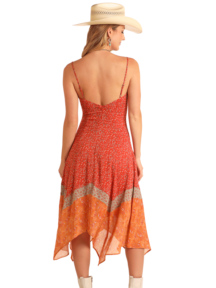 Rock & Roll Denim Womens Handkerchief Midi Dress - Vintage Style Rust Brown Denim Dress for Casual Outings & Music Festivals