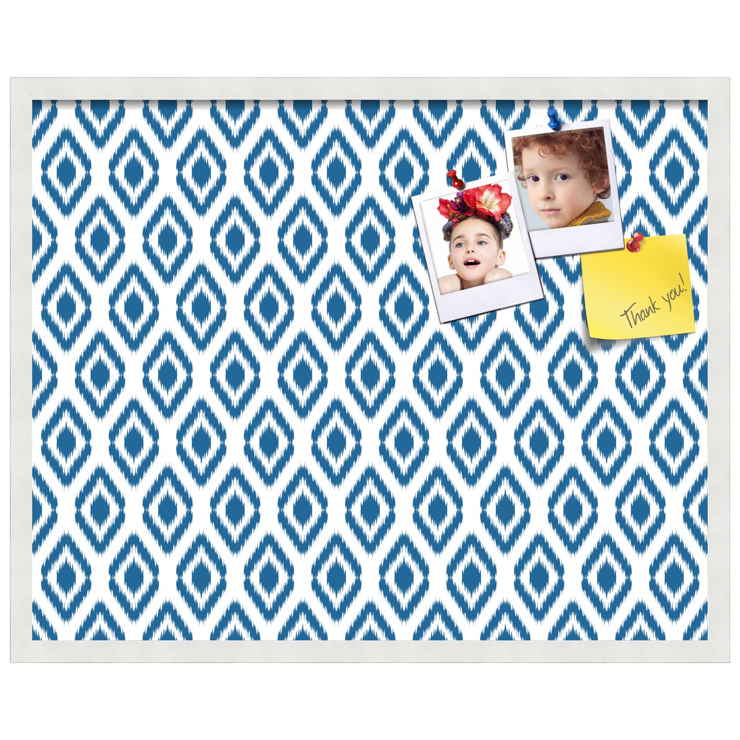 PinPix 30x24 Inch Cork Bulletin Board with Ikat Navy Design & Satin White Frame - Decorative Framed Pin Board for Home Office Decor, School Classroom, Dorm Room Organization & Message Display
