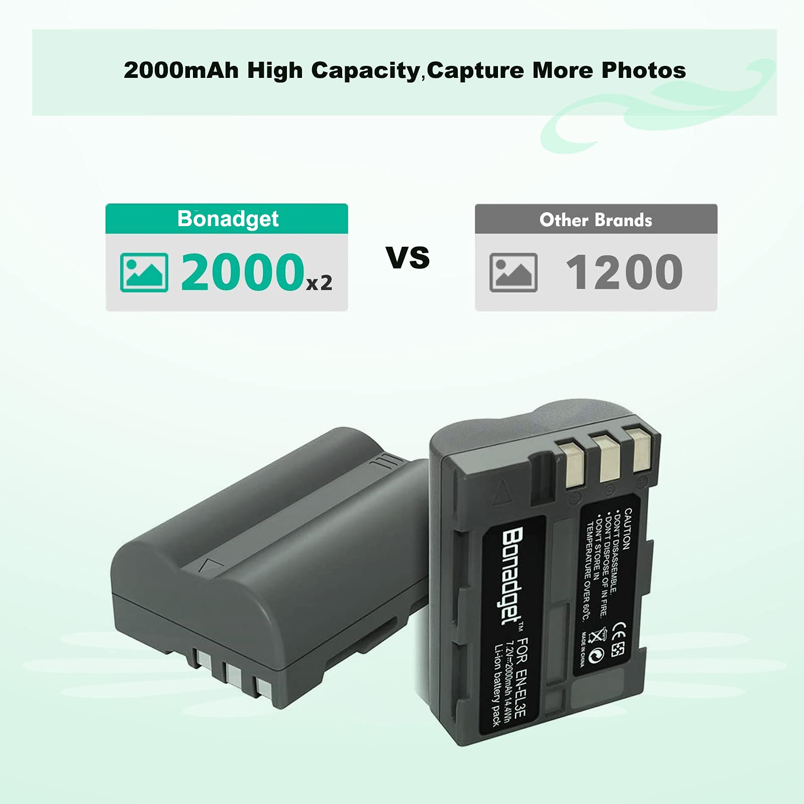 Bonadget 2 Pack 2000mAh EN-EL3 EN-EL3A Replacement Battery and LCD Dual Charger for Nikon D700 D90 D300S D300 D200 D80 D50 D70S D70 D100 D900 Digital Cameras - Perfect for Travel Photography & Professional Shooting