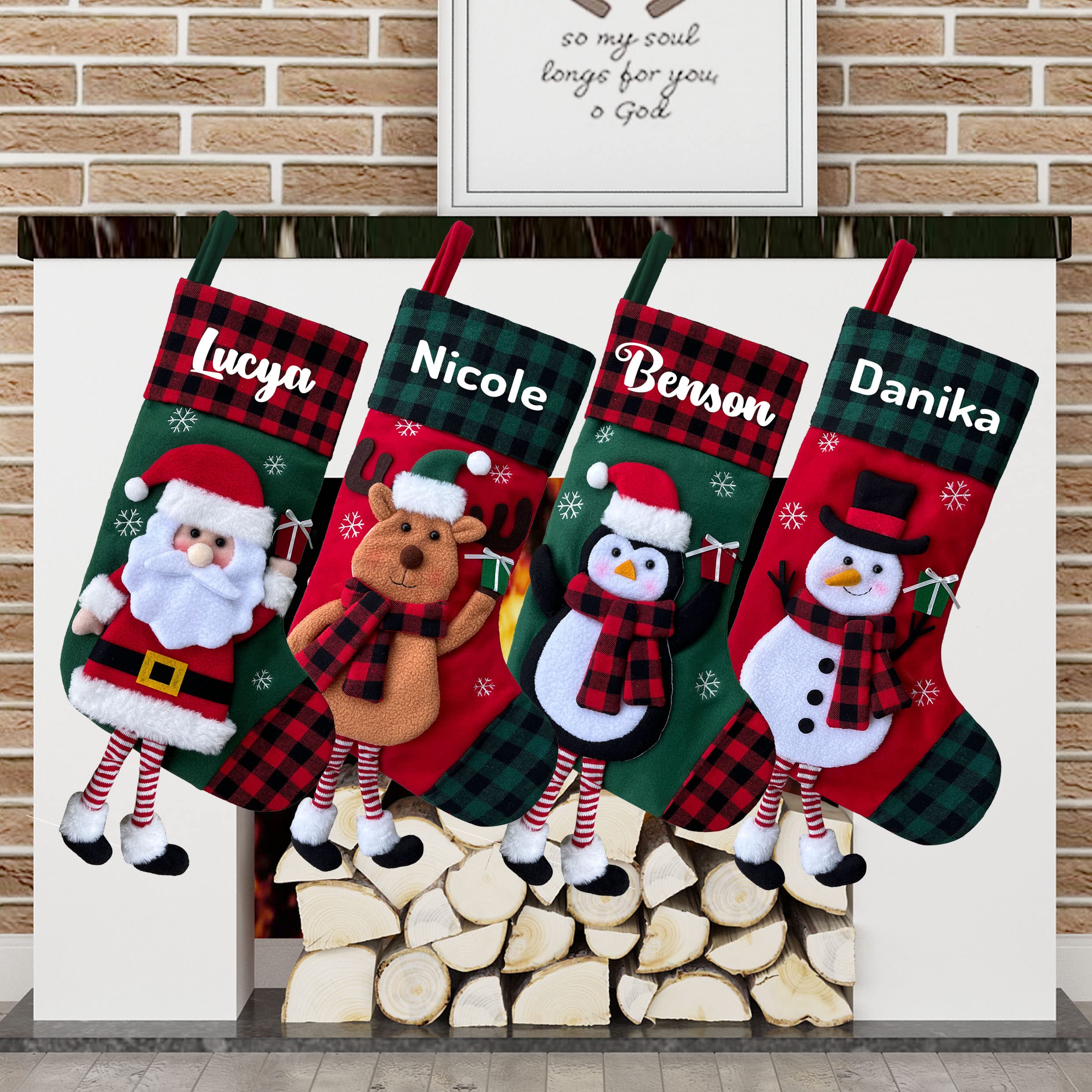 2 Pack Personalized Christmas Stockings - 3D Buffalo Plaid Red & Green Large Fireplace Hanging Stockings for Holiday Decor - Family Xmas Stocking Set of 2 - Perfect for Fireplace Mantel, Staircase & Festive Home Decor