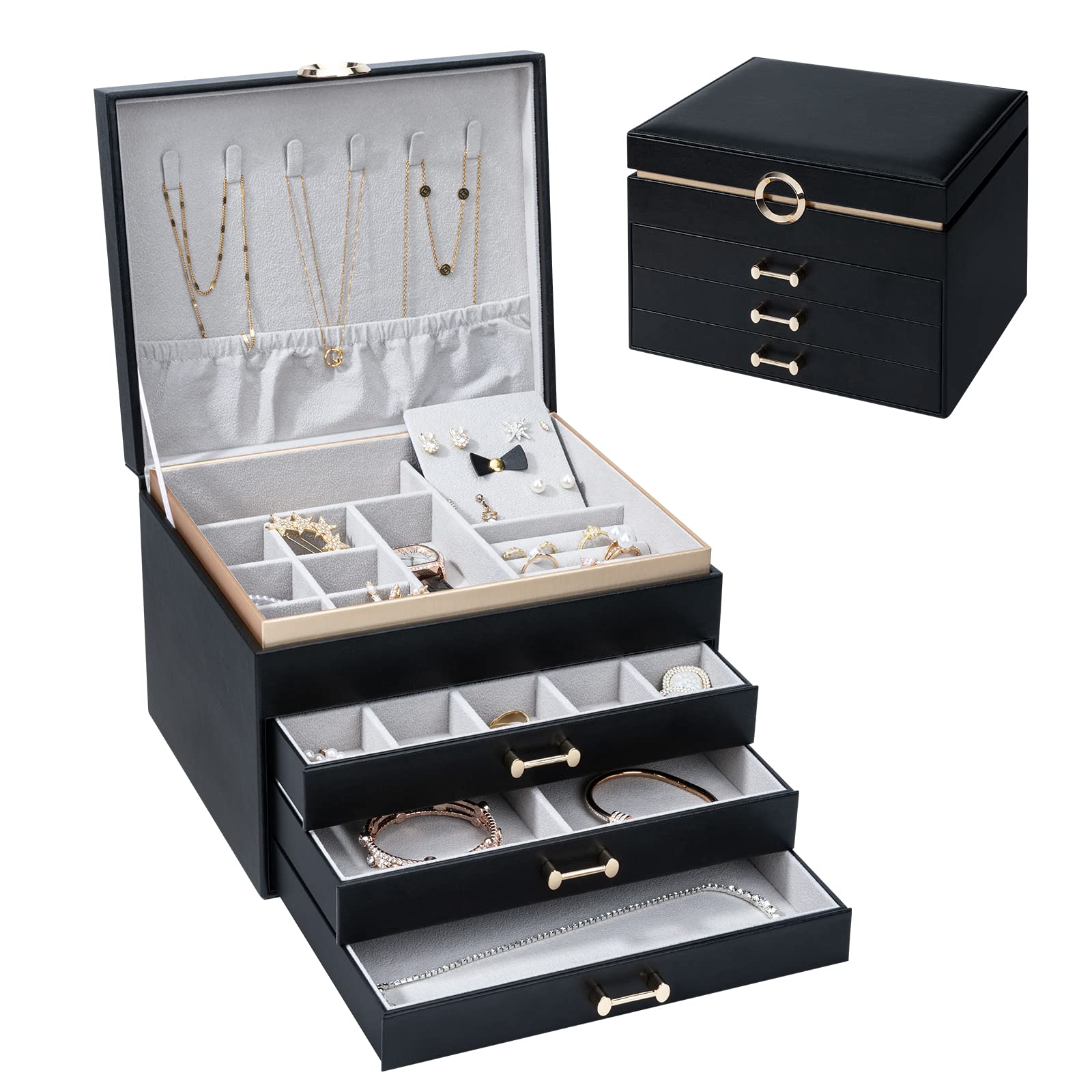 4-Layer Large Jewelry Organizer Box for Women with 3 Drawers - Modern Storage Case for Earrings, Rings, Bracelets & Necklaces (Black) | Perfect for Bedroom Vanity, Travel & Gift Giving