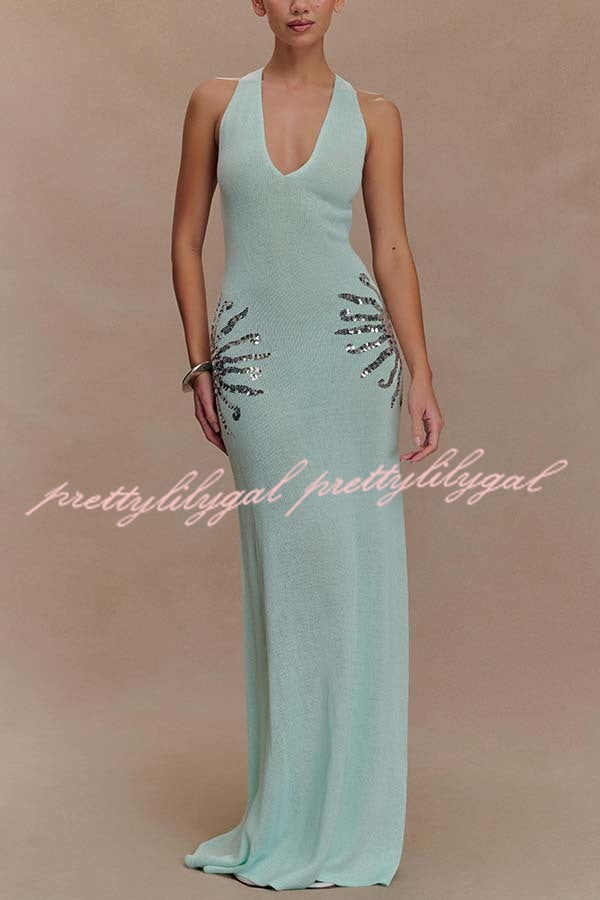 Sparkling Nights Knit Sunburst Sequin Maxi Dress with Cross Back Straps - Elegant Stretchy Party Gown for Evening Events, Prom, Wedding & Special Occasions