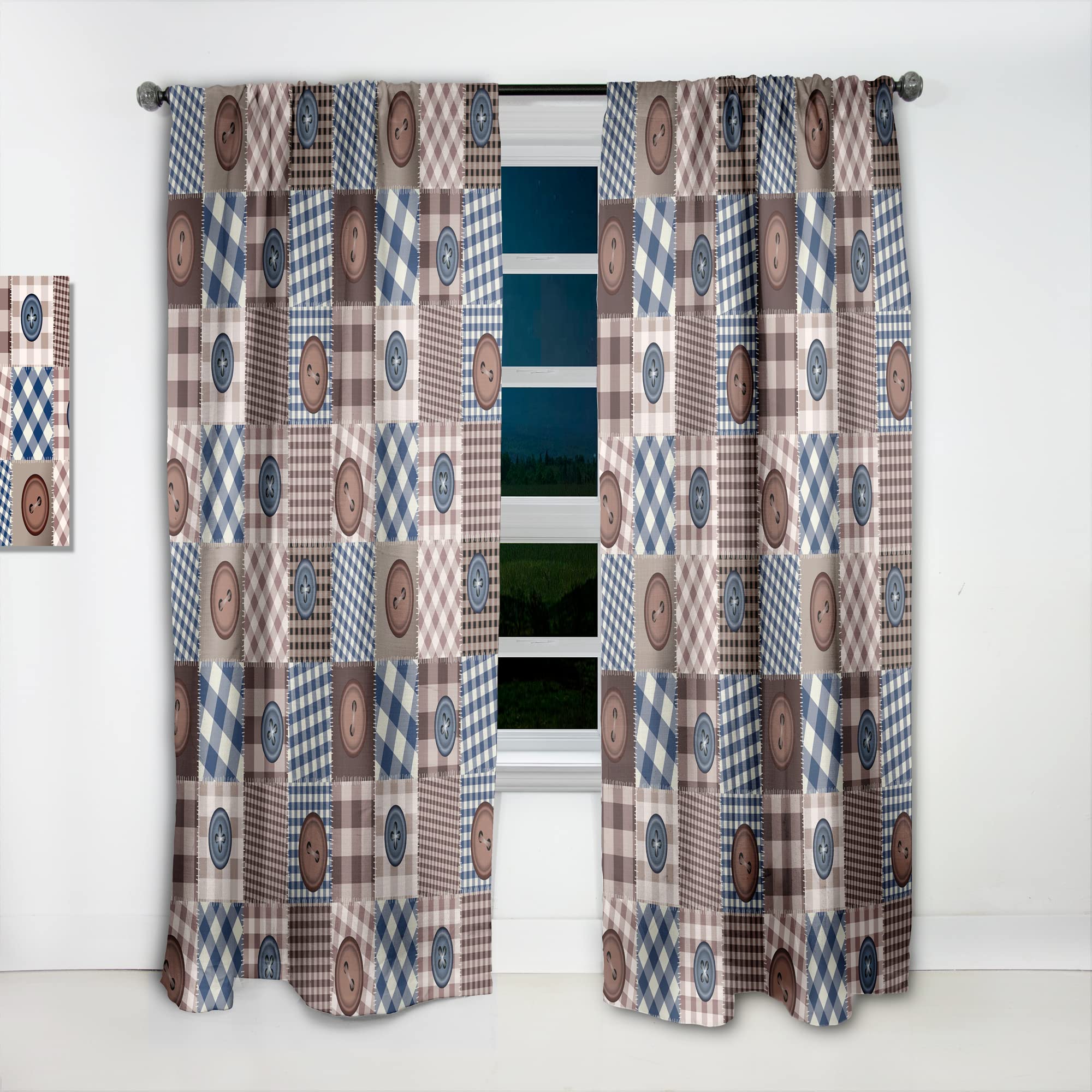 DesignQ Thermal Insulated Patchwork Curtains with Buttons - 52x84 Inch Single Panel for Bedroom & Living Room - Energy Saving Blackout Drapes for Home Decor