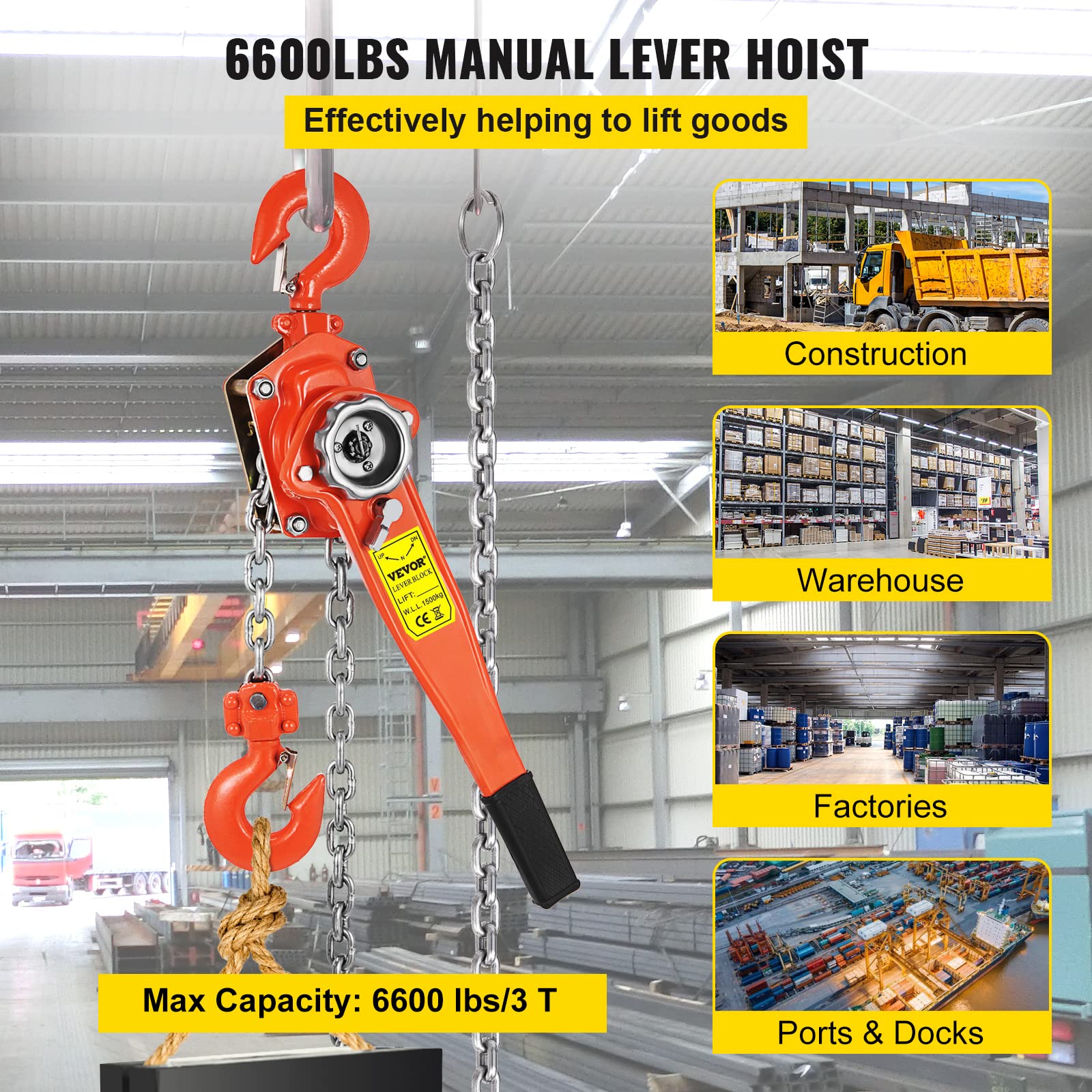 Happybuy 6600 lbs Manual Lever Chain Hoist - 3 Ton Capacity, 10ft Chain, 5/16