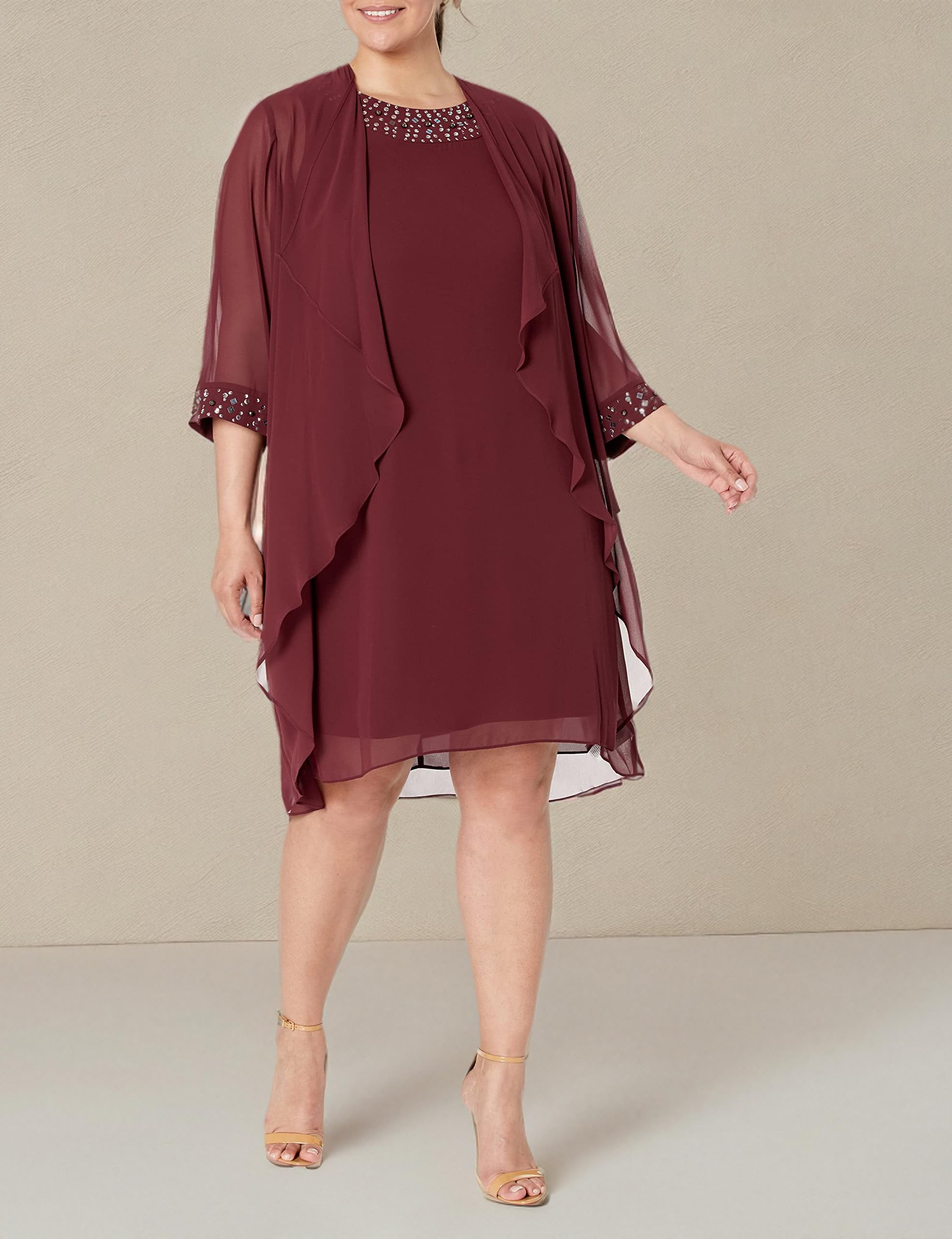 Women's Plus Size Chiffon Tiered Jacket Dress with Beading Detail - Elegant Flowy Cover Up for Weddings, Parties & Special Occasions