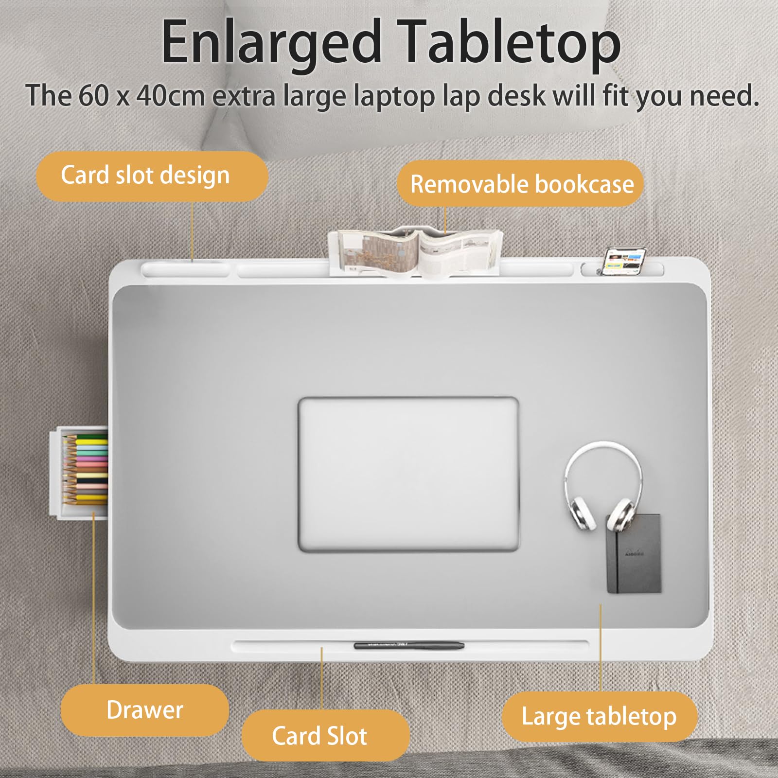 Adjustable Laptop Desk for Bed - Foldable Laptop Table with Storage Drawer & Book Stand - Portable Bed Tray for Working, Studying & Reading - Perfect for Home Office, Dorm Room & Cozy Workspace (Silver)