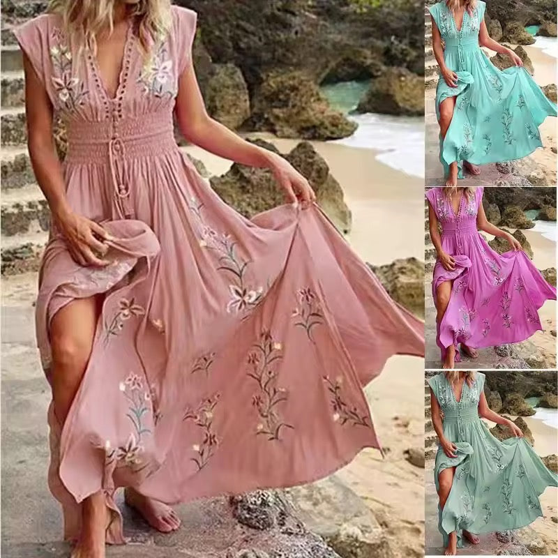 Beatrice Floral Print A-Line Summer Maxi Dress for Women | Lightweight Flowy Beach Dress | Perfect for Vacations, Weddings & Outdoor Parties