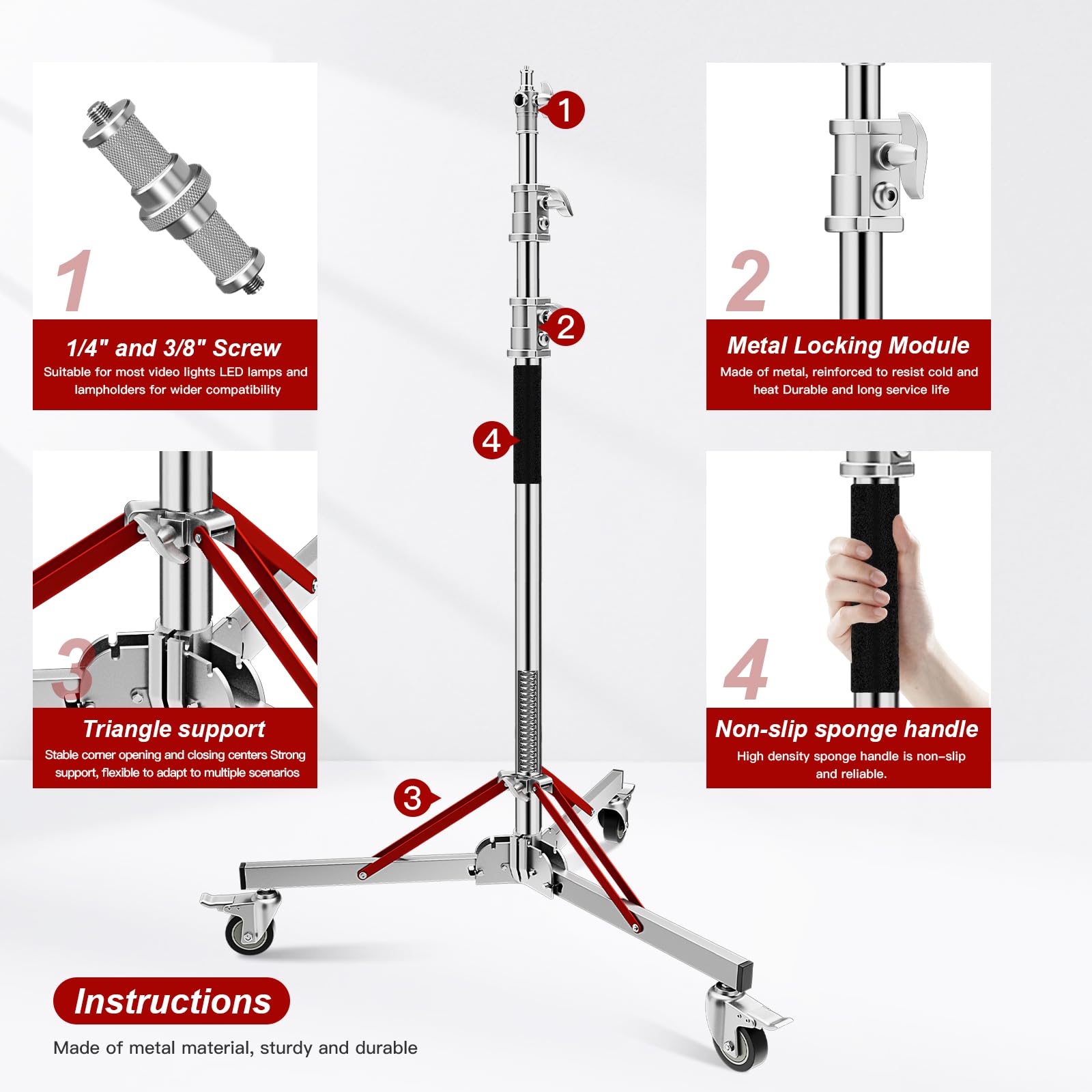 Professional Heavy Duty Light Stand with Wheels - 100% Stainless Steel Adjustable 130cm(4.3ft) to 305cm(10ft) Photography Stand Supports 30kg/66lb - Perfect for Studio Softbox, Monolight, Video Lighting (Silver) - Ideal for Photography Studios, Video Production, and Live Streaming Setups
