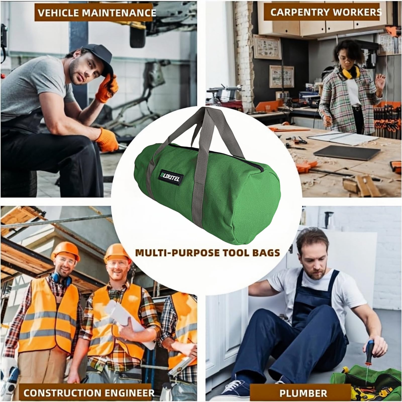 BLIRITEL 12 Inch Heavy Duty Canvas Tool Bag for Men - Large Capacity Wide Mouth Tool Organizer with Multiple Pockets - Perfect for Mechanics, Electricians, Plumbers & DIY Enthusiasts - Ideal for Storing Wrenches, Pliers, Screwdrivers & Hand Tools (Green) - Great for Workshops, Job Sites & Home Garage Use