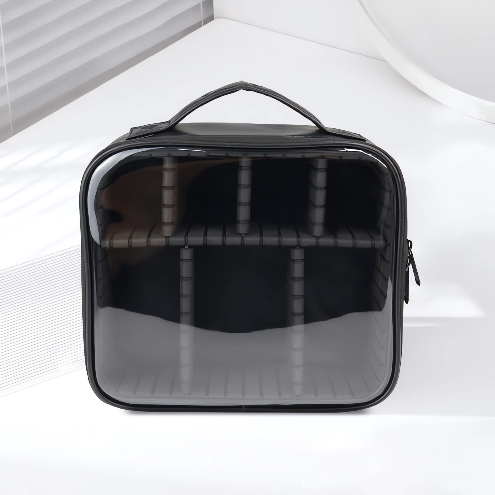 Clear Travel Makeup Bag for Women - Waterproof Cosmetic Organizer with Handle & Detachable Dividers | Portable Toiletry Case | Perfect Gift for Women & Girls | Ideal for Travel, Gym & Daily Use (Black)