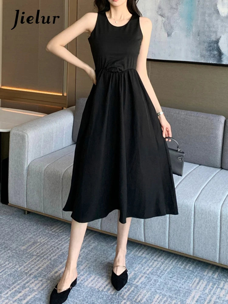 Black O-Neck Sleeveless Slimming Tank Dress for Women - High Waist Solid Color Summer Maxi Dress - Perfect for Casual Wear, Office & Beach Outfits