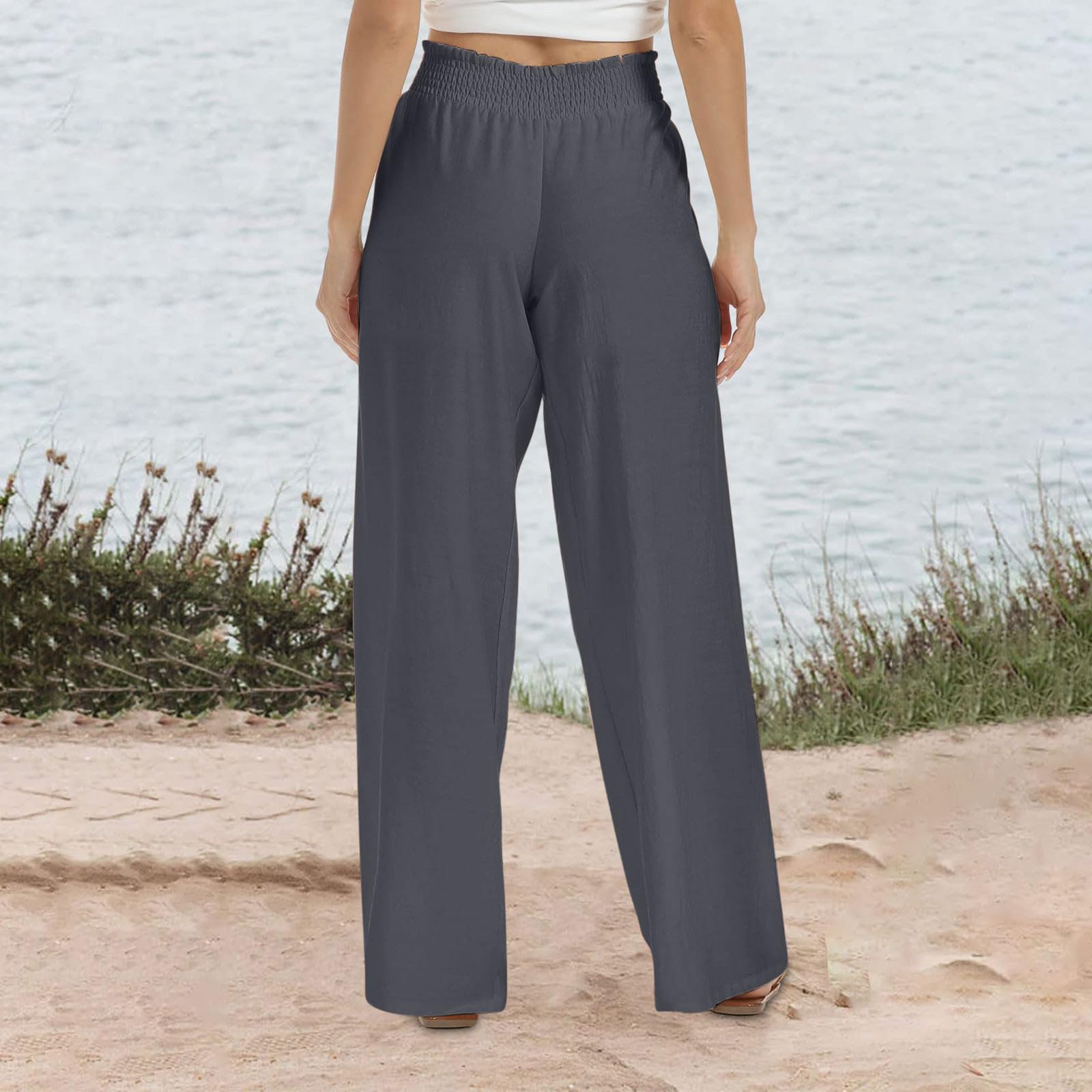 Women's Cotton Linen Wide Leg Palazzo Pants - Plus Size High Waisted Summer Lounge & Beach Trousers with Pockets | Breathable Comfort for Casual Wear, Vacation & Relaxation | Gray