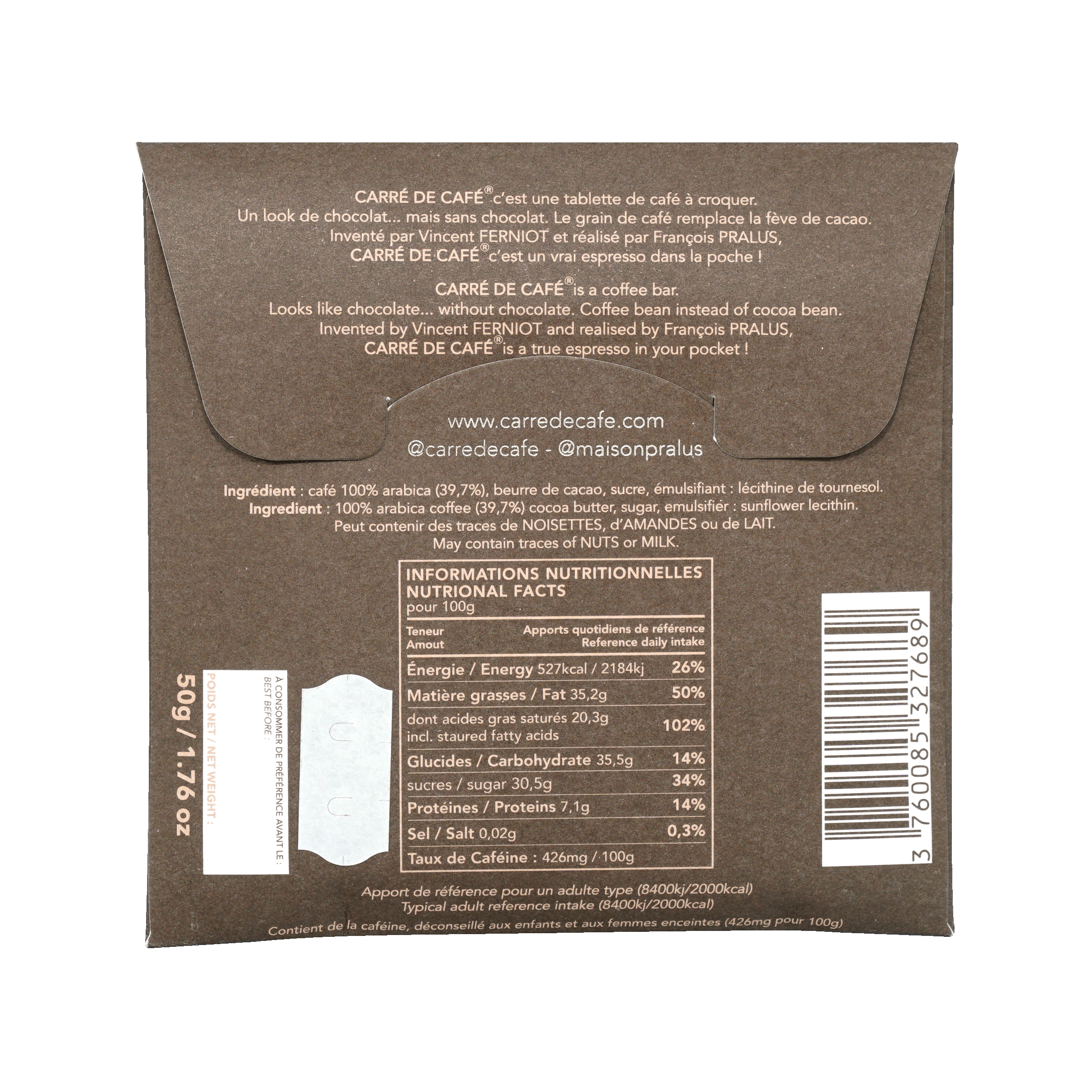 Pralus Carre de Cafe Noir Dark Chocolate Coffee Bar - Premium French Chocolate with Coffee for Gifting & Gourmet Desserts